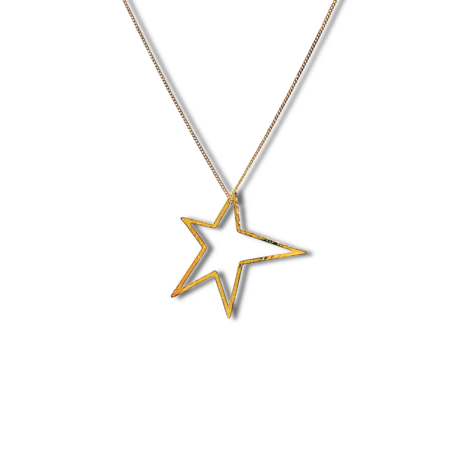 The Gold Shooting Star Dust Charm  Chain Necklace by JAREDJAMIN Jewelry Online showcases a modern, asymmetrical hollow star pendant on a delicate 18K gold-plated chain, creating a striking look against any background.