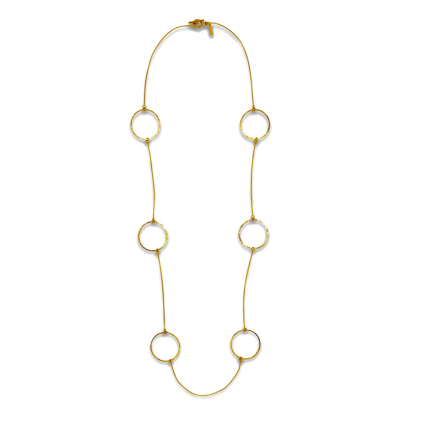 The Halo Lindy Textured Gold Hoop Necklace by JAREDJAMIN Jewelry Online features a thin gold snake chain with six large, evenly spaced circular 18K gold links, arranged simply and elegantly against a white background.