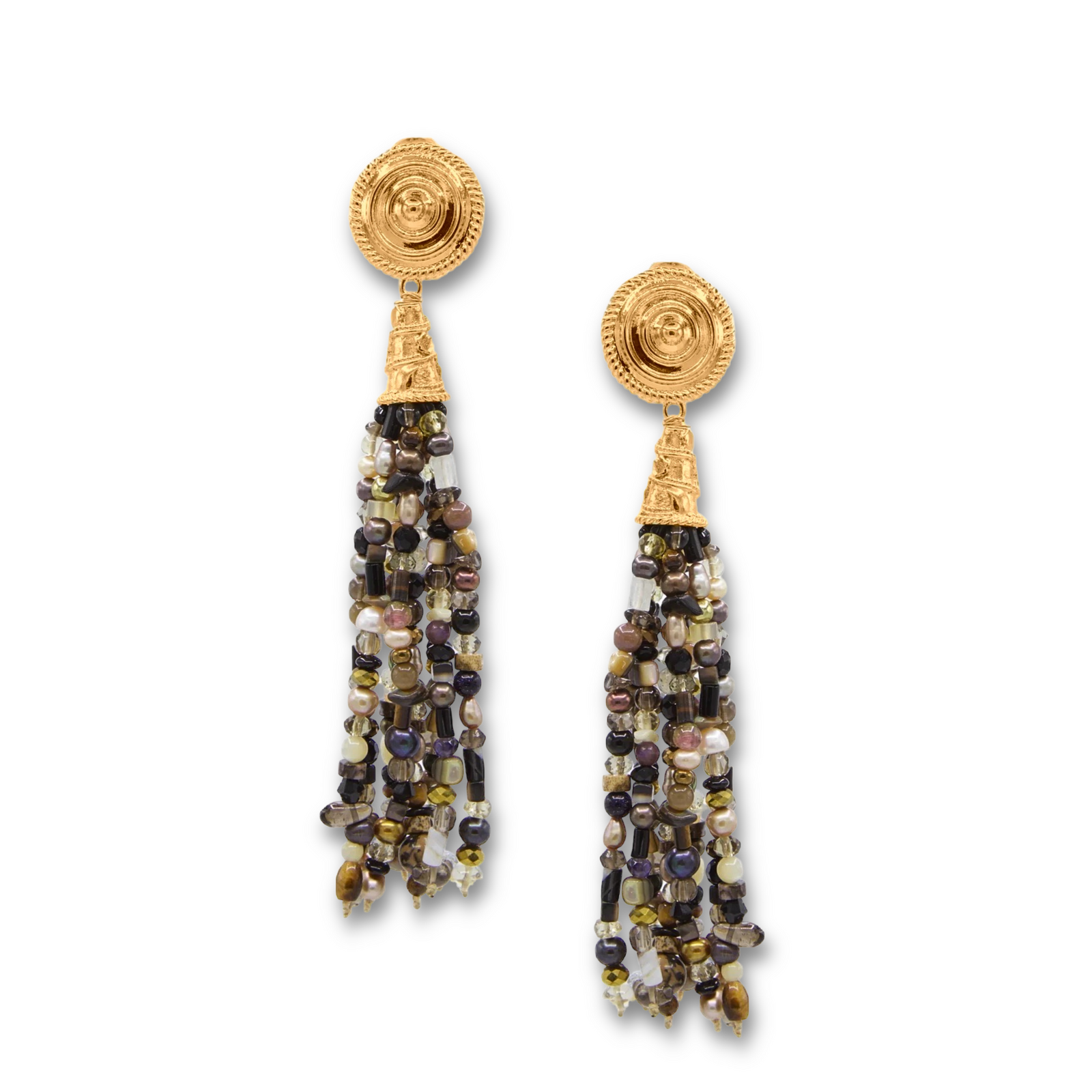 The Loquacious Tassel Clip On Earrings by JAREDJAMIN Jewelry Online feature 18k gold plating, round textured studs, and multiple dangling strands of black, brown, white, and olive green beads for a tassel effect.