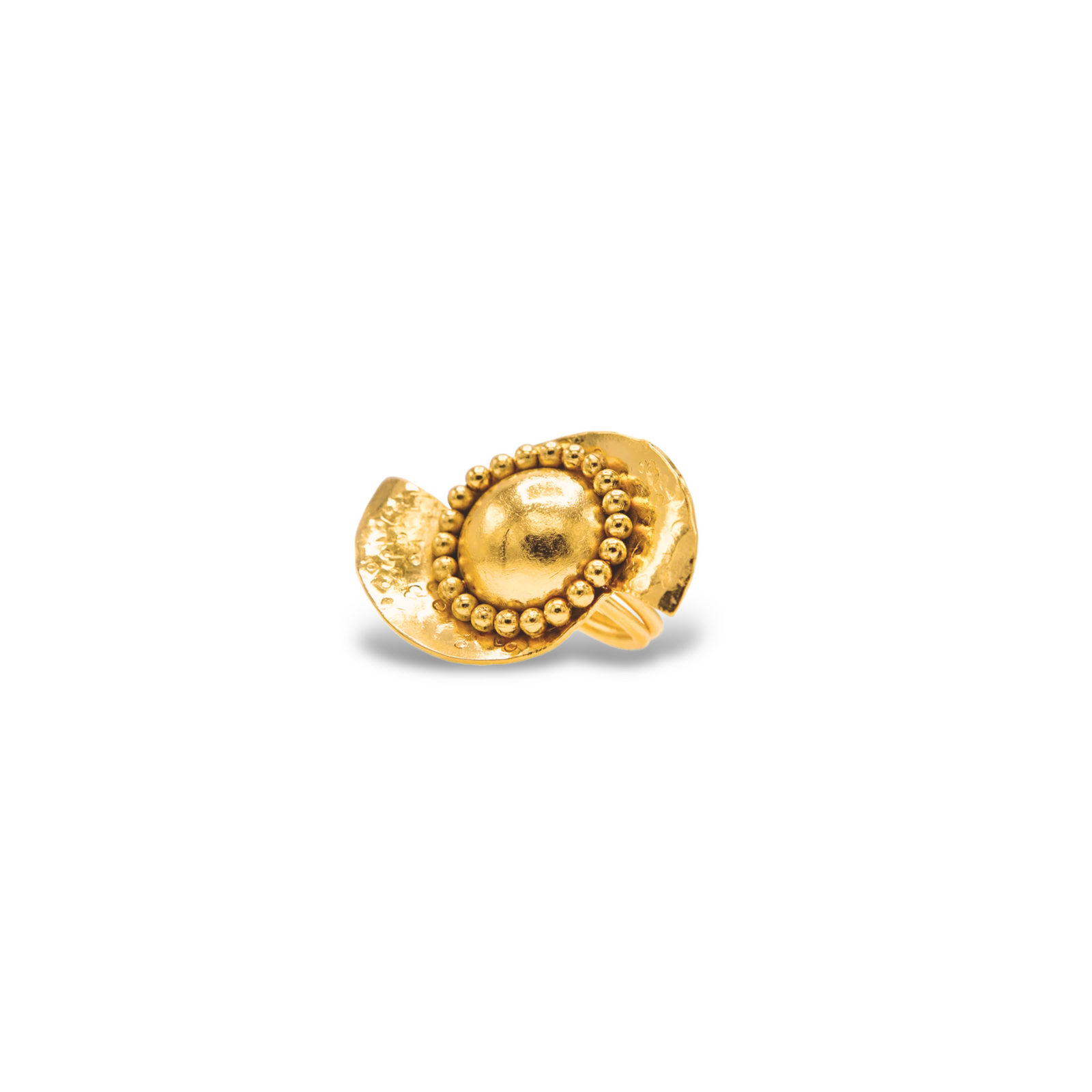 The Monsoon Swirl Gold Ring by JAREDJAMIN Jewelry Online features a handcrafted hammered crescent band with a raised dome and small gold beads. Sized 6, this unique piece is shown on a white background.