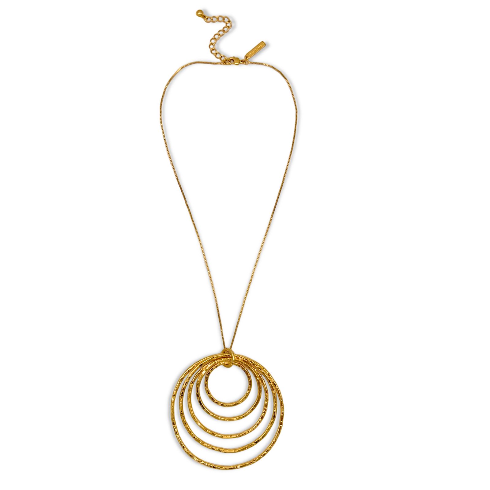 The Ripple Textured Gold Pendant Necklace by JAREDJAMIN Jewelry Online features five interlocking ripple-textured pendants on a thin 18K gold-plated snake chain with an adjustable clasp and bar charm.