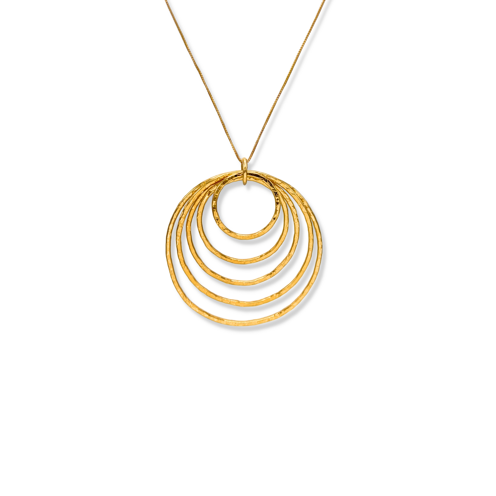 The Ripple Textured Gold Pendant Necklace by JAREDJAMIN Jewelry Online features five interlocking ripple-textured pendants on a thin 18K gold-plated snake chain with an adjustable clasp and bar charm.