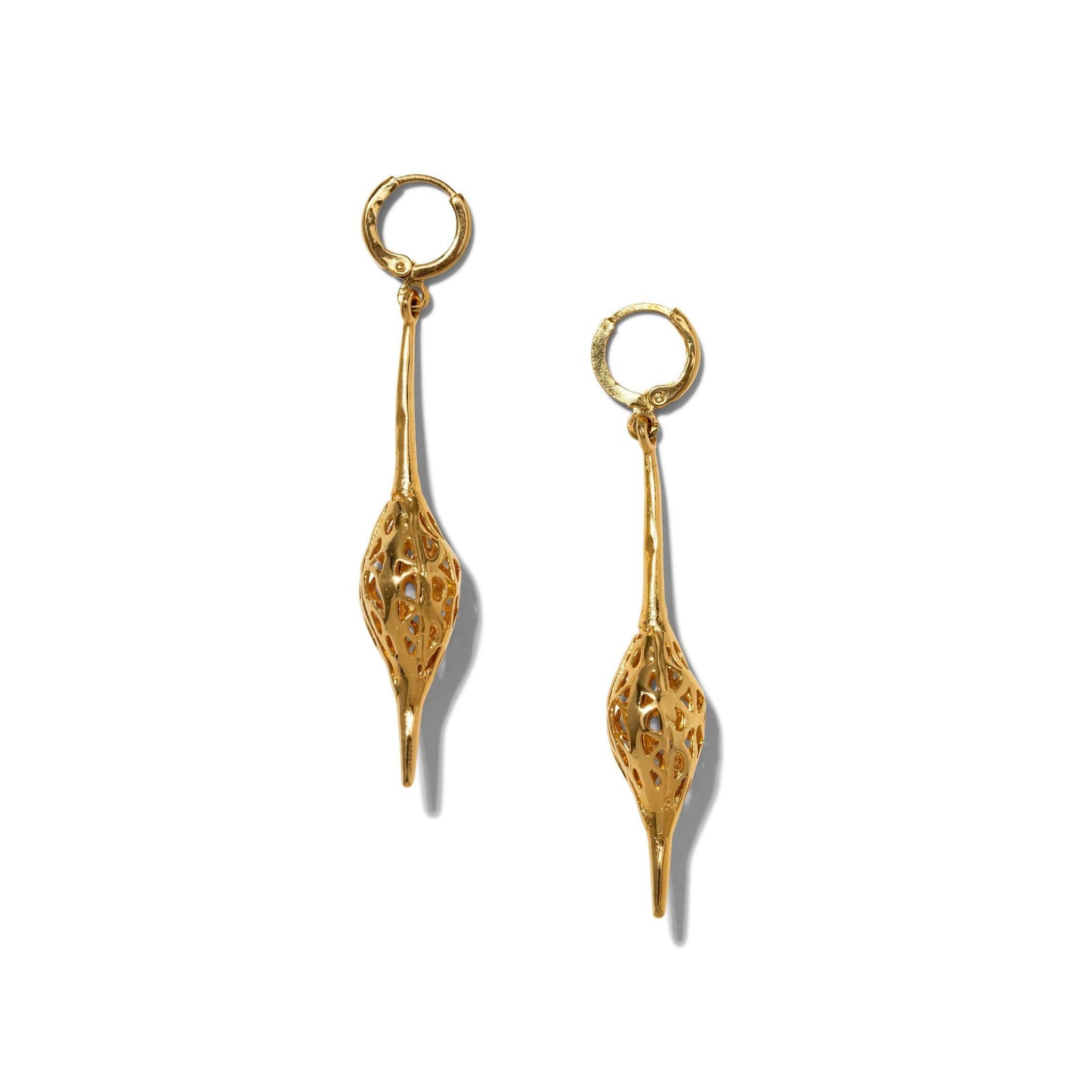The Jeannie Drop Lever Back Earrings by JAREDJAMIN Jewelry Online feature 18K gold plating, small lever back clasps, and long, textured teardrop-shaped openwork pendants—stylish pierced dangle drops for any occasion.
