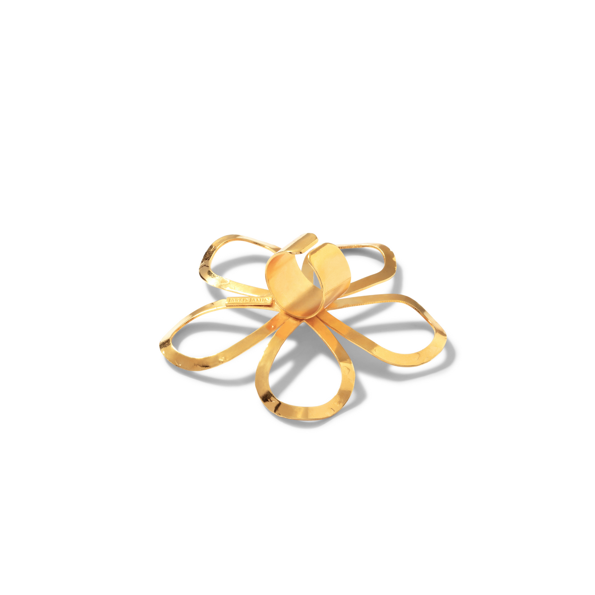 The Gold Julia Flower Ring by JAREDJAMIN Jewelry Online features a sculptural, modern design with shiny 18K gold plating and a polished, reflective surface. Its adjustable fit ensures comfort and style for any occasion.
