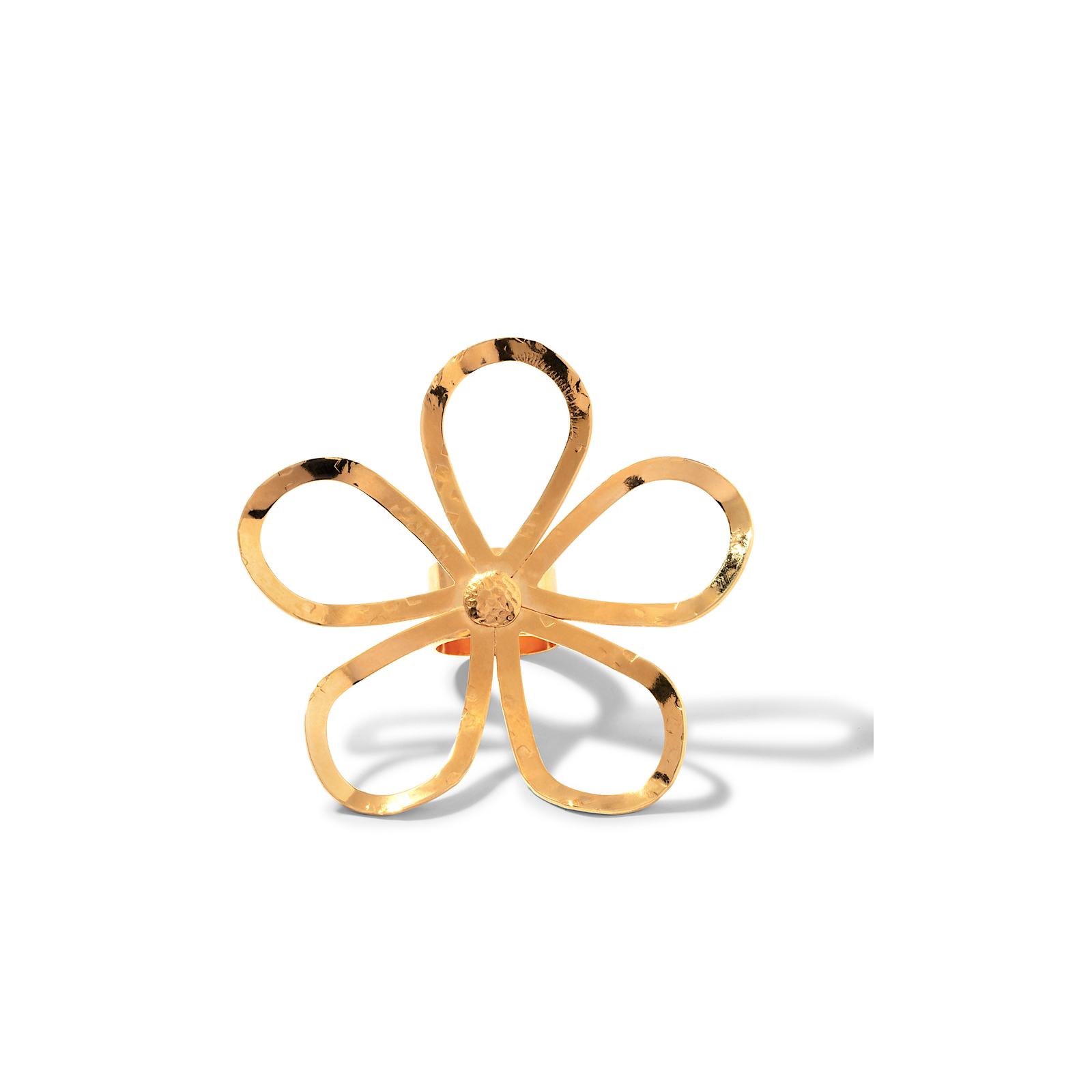 The Gold Julia Flower Ring by JAREDJAMIN Jewelry Online features a modern, minimalist flower design with five rounded petals in polished 18K gold plate, creating an elegant look that shines beautifully on white.