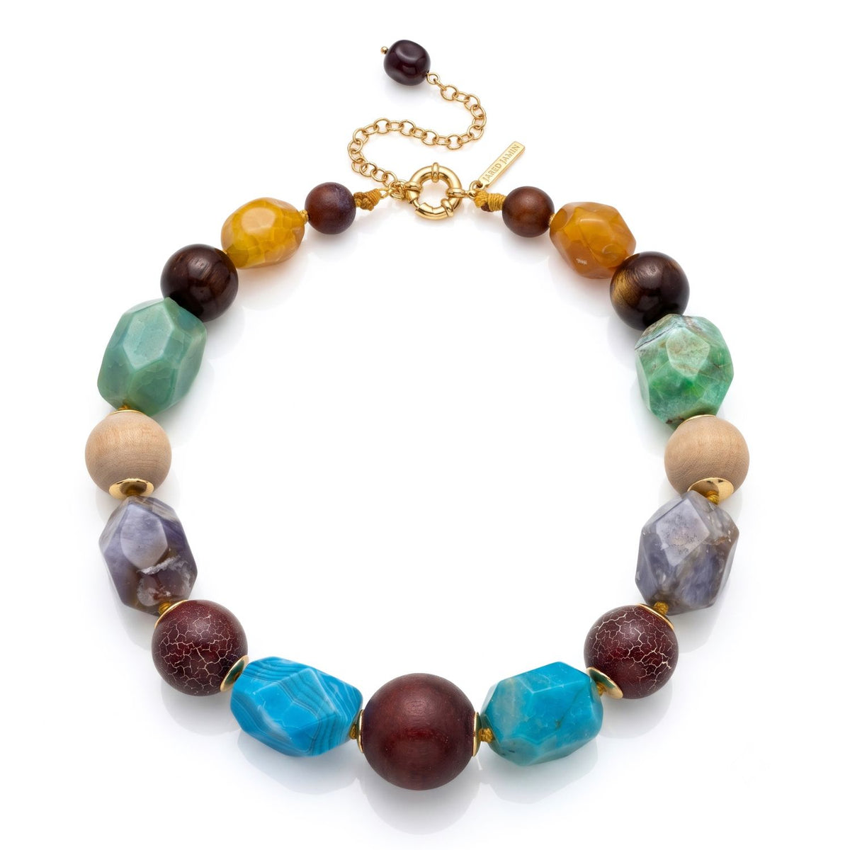 High-resolution studio product shot of the JAREDJAMIN Kiva Multi-Stone & Wood Hand-Knotted Statement Collar Necklace displayed flat in a loop against a white background, highlighting the faceted agate, wooden beads, 18k gold bead caps, and adjustable clasp.