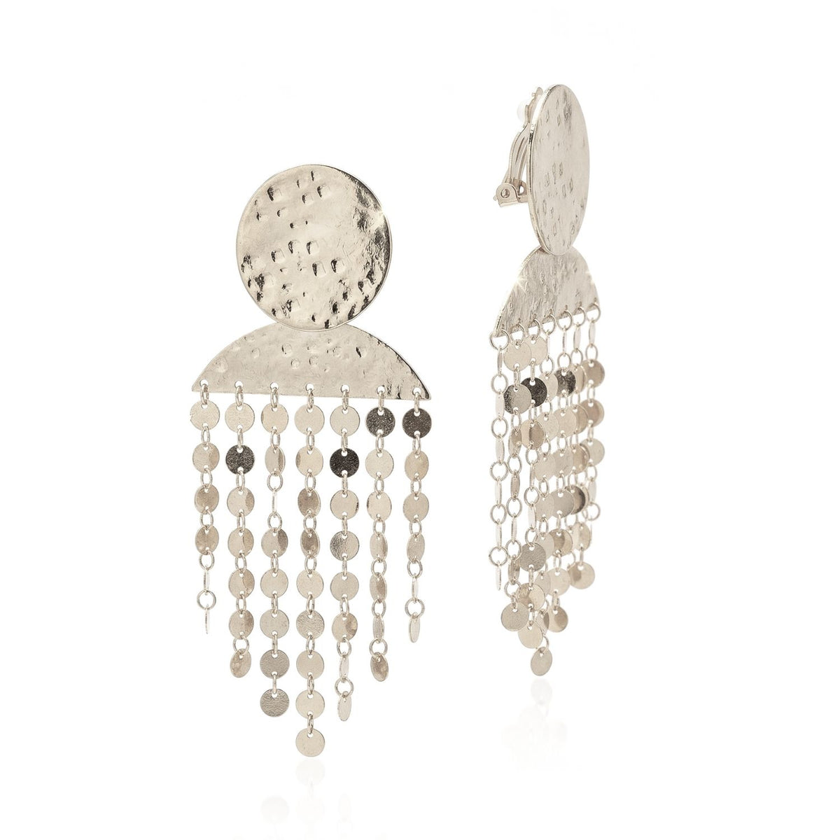 Hand-assembled in our West Hollywood studio, the Koren Clip On Earrings sculpt silver hammered metal into textured rounds and half-moons, each strand of discs refracting light. Small-batch, eco-conscious. Style Note: punctuates both crisp shirting and silk after dark.