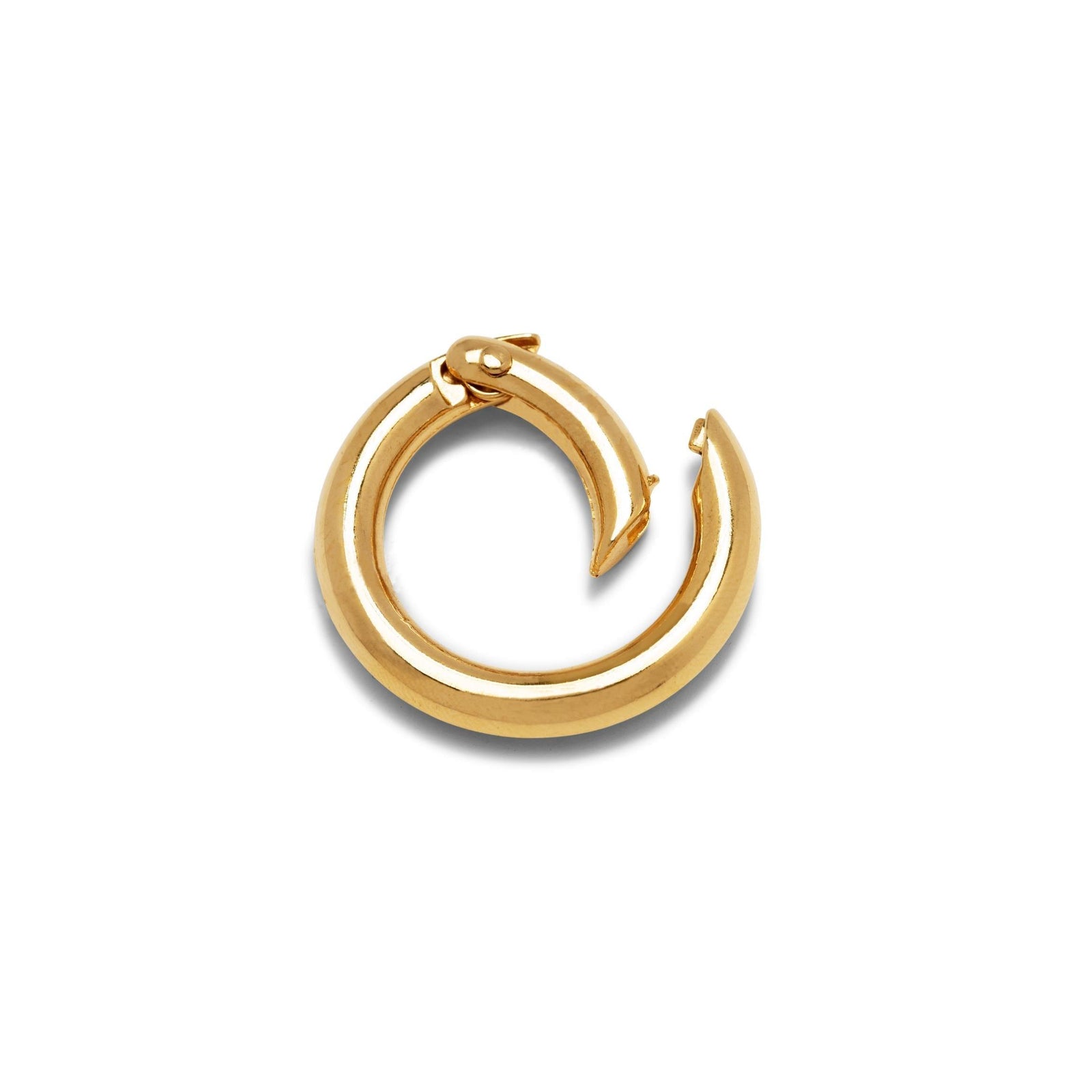 The JAREDJAMIN Jewelry Online Gold Large Circular Clicker Clasp earring, shown against a plain white background, features a smooth, shiny 18K gold-plated surface and a classic round design with a partially open clicker clasp.