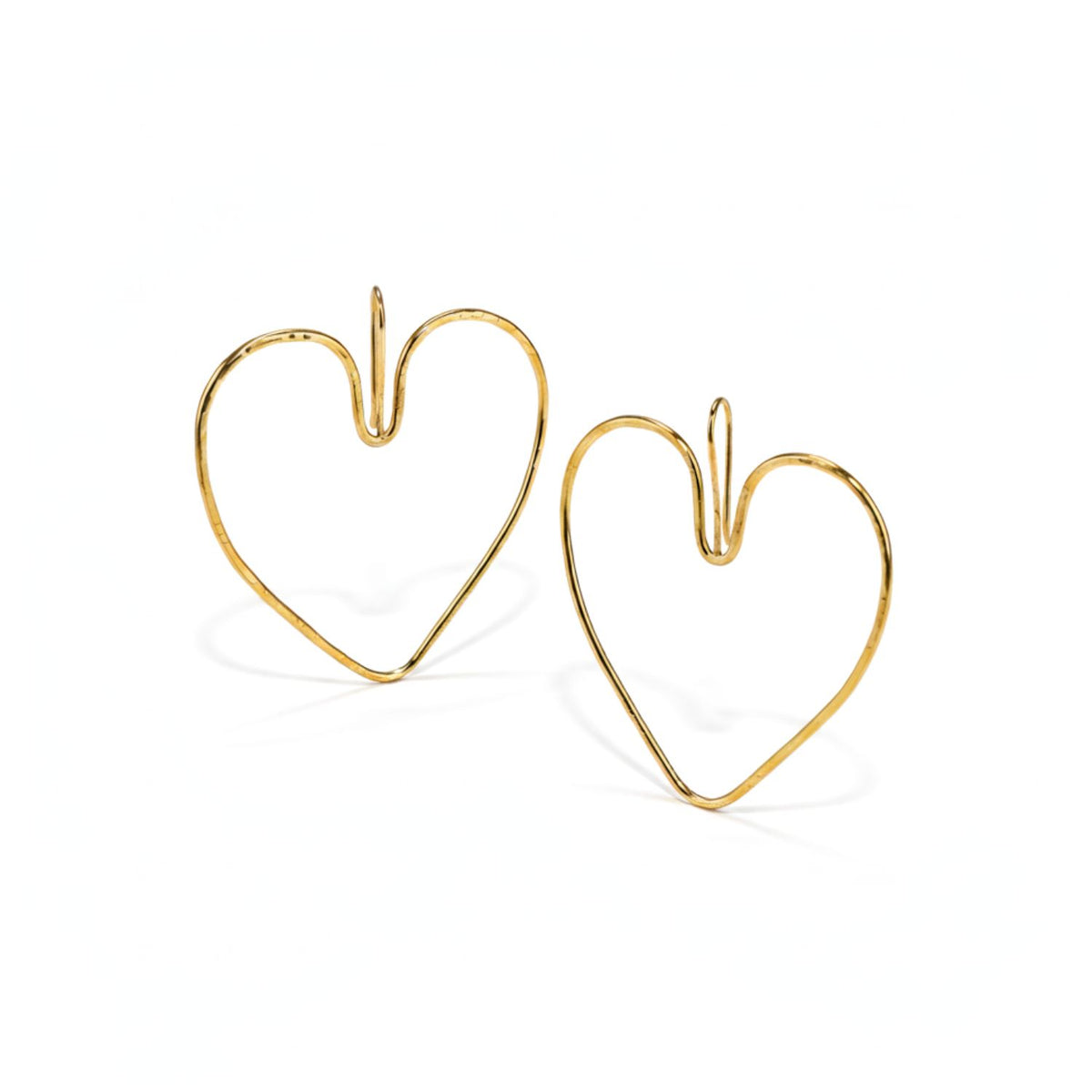 The Large Gold Fluttering Heart Hook Earrings by JAREDJAMIN Jewelry Online feature abstract, hand-crafted 18K gold-plated hearts with a curved top hook and a minimalist design, shown against a plain white background.