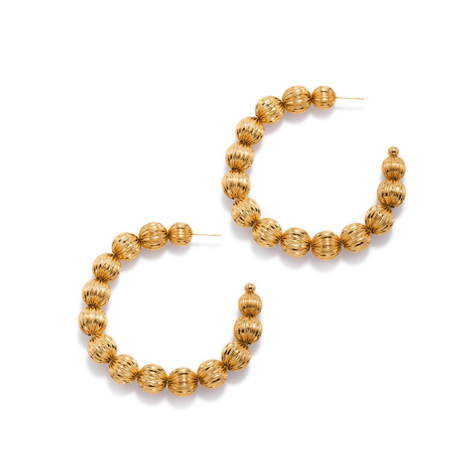 The Large Gold Lantern Hoop Post Earrings by JAREDJAMIN Jewelry Online feature featherweight semi-circles of 18k gold plated, ribbed lantern beads with a shiny finish and thin posts for easy fastening.