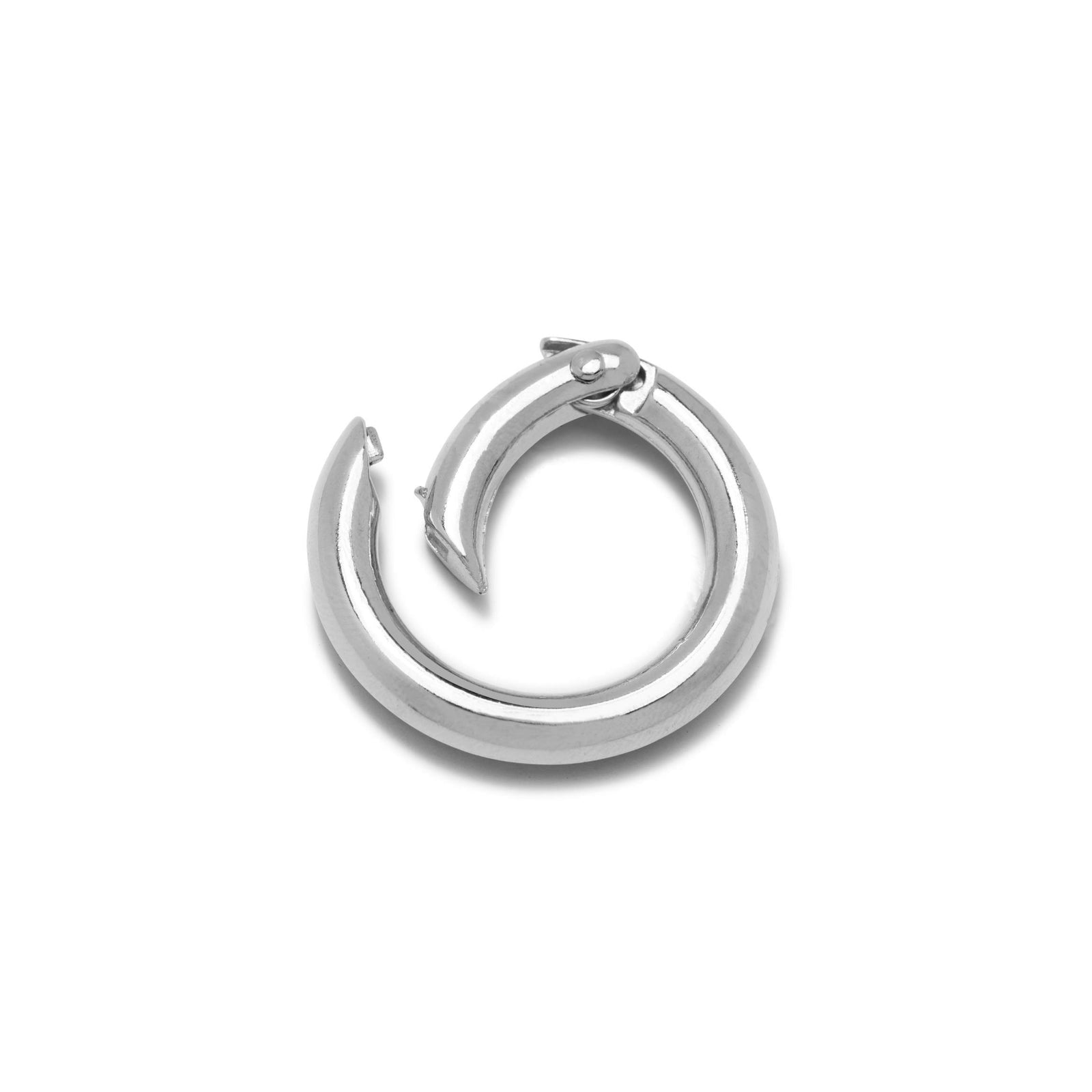 The JAREDJAMIN Jewelry Online Silver Large Circular Clicker Clasp earring, featuring a smooth, polished finish and secure silver-plated clasp, is displayed flat on a plain white background.