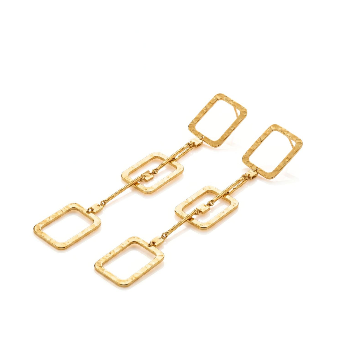 High-resolution studio product shot showing both 5-inch Solene tiered rectangular earrings resting flat at an angle, displaying the 18k gold-plated wirework and link connections.