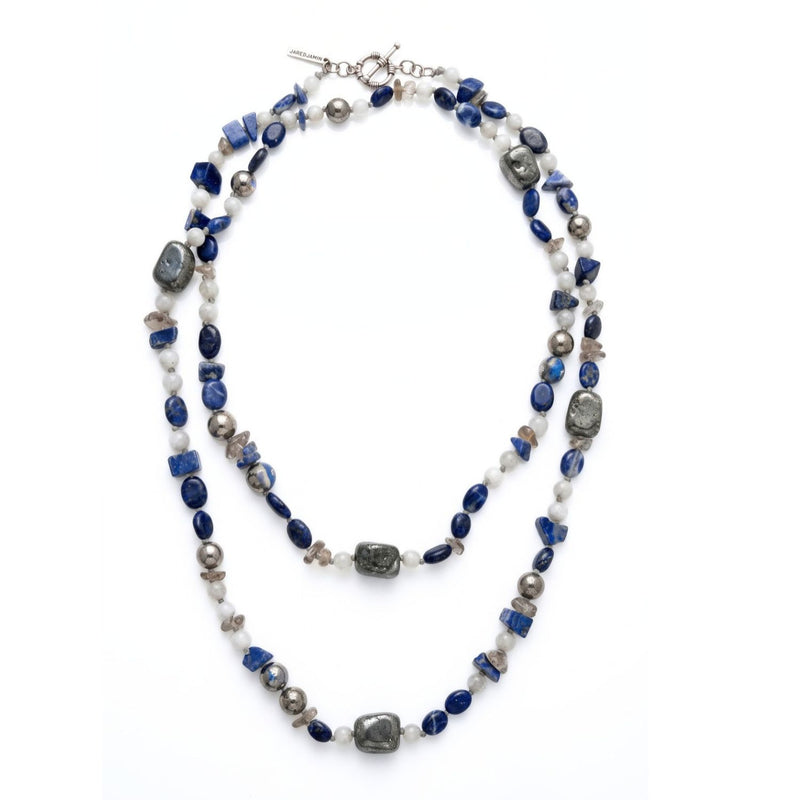 Lorelei Beaded Gemstone Necklace, double-strand gemstone necklace of lapis, moonstone and pyrite beads, on white.
