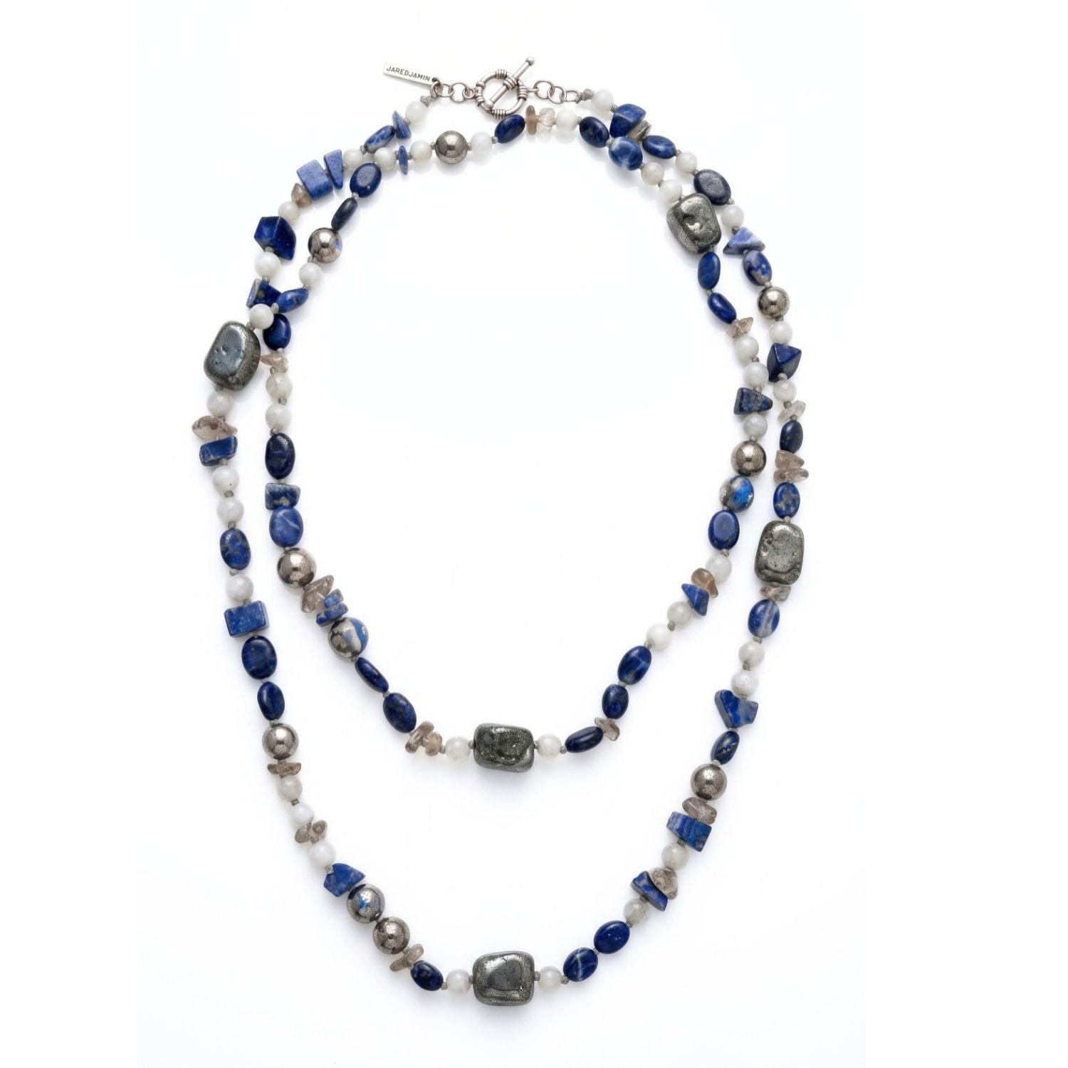 Lorelei Beaded Gemstone Necklace, double-strand gemstone necklace of lapis, moonstone and pyrite beads, on white.