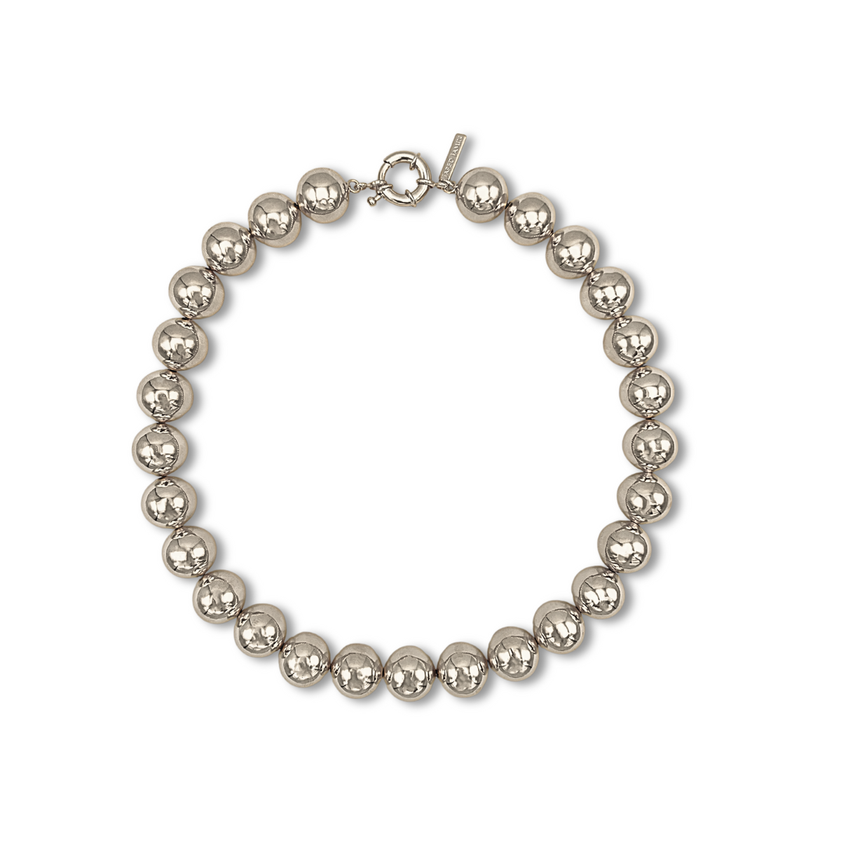 The Lucille Ball Necklace by JAREDJAMIN Jewelry Online features large, shiny hollow brass beads on a single strand with a round silver clasp. Its reflective surface and elegant simplicity make it an enduring accessory.