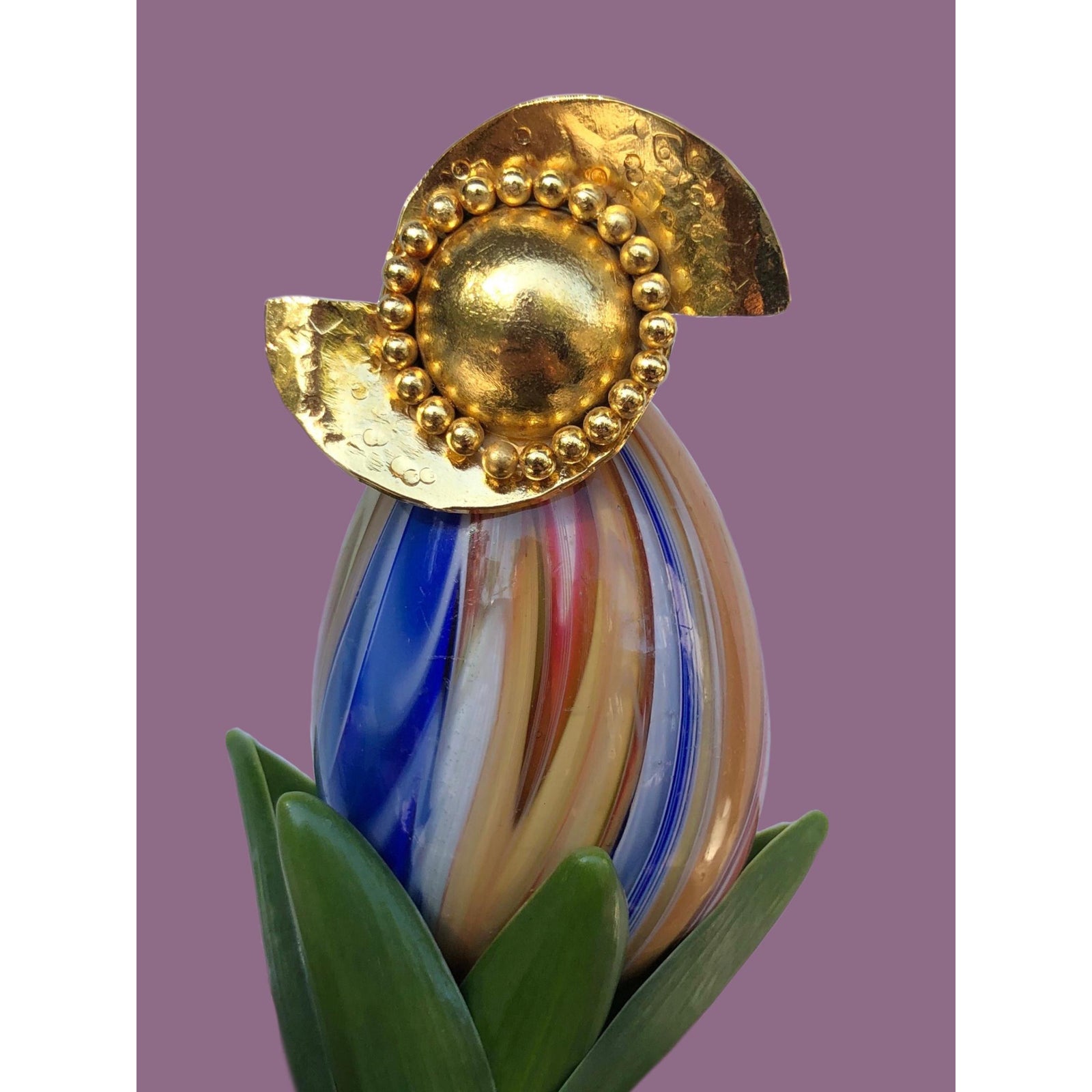 The Monsoon Swirl Gold Ring by JAREDJAMIN Jewelry Online features a handcrafted hammered crescent band with a raised dome and small gold beads. Sized 6, this unique piece is shown on a white background.