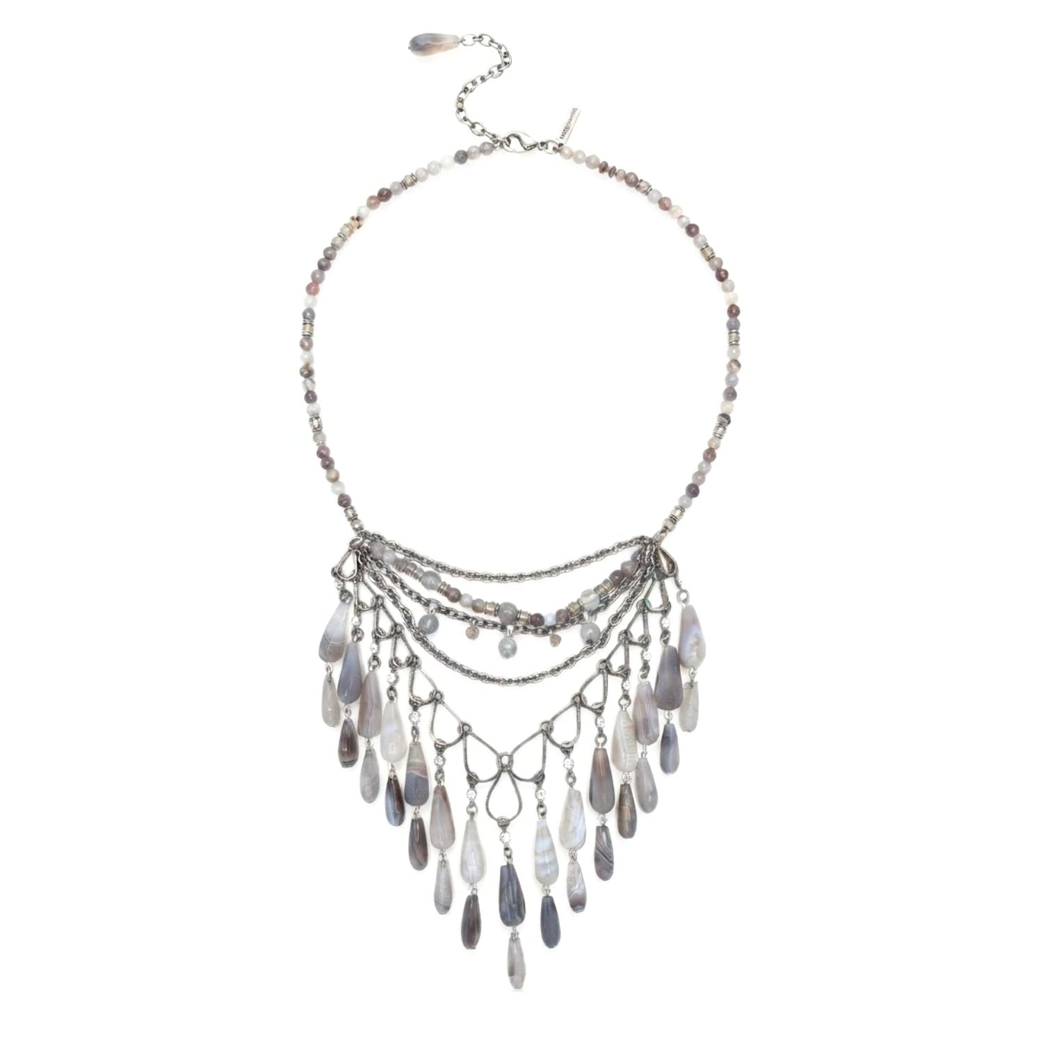 High-resolution studio product shot of the JAREDJAMIN Cordelia Bib Necklace laid out flat against a white backdrop, showcasing the round agate collar strand, the layered silver chains, and the detailed multi-tonal grey agate teardrop fringe.