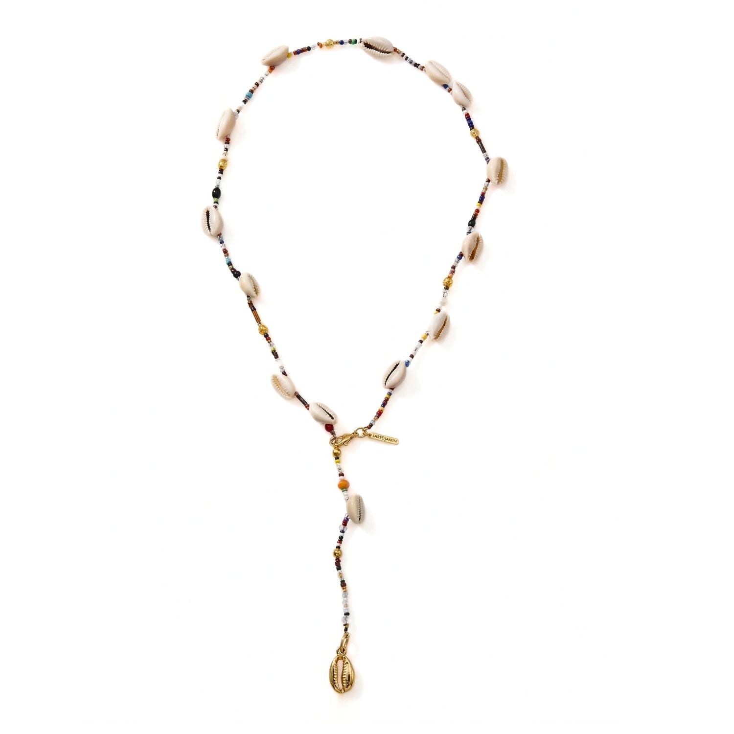 Versatile Men's Malibu Cowrie Shell Necklace shown in Y-silhouette style with gold pendant drop