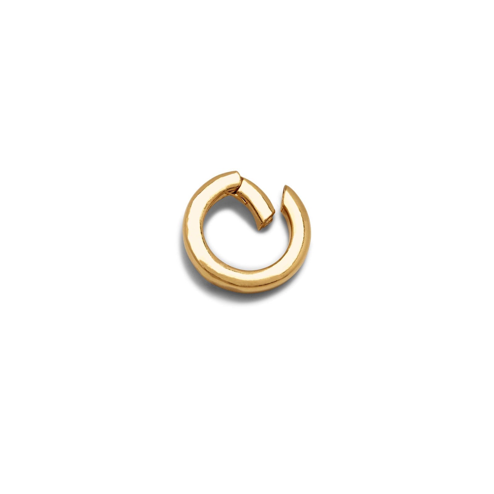 The JAREDJAMIN Jewelry Online Gold Medium Circular Clicker Clasp, plated in 18K gold with a smooth, reflective surface and a slightly thick band, features an open gap for a modern, minimalist look against a white background.
