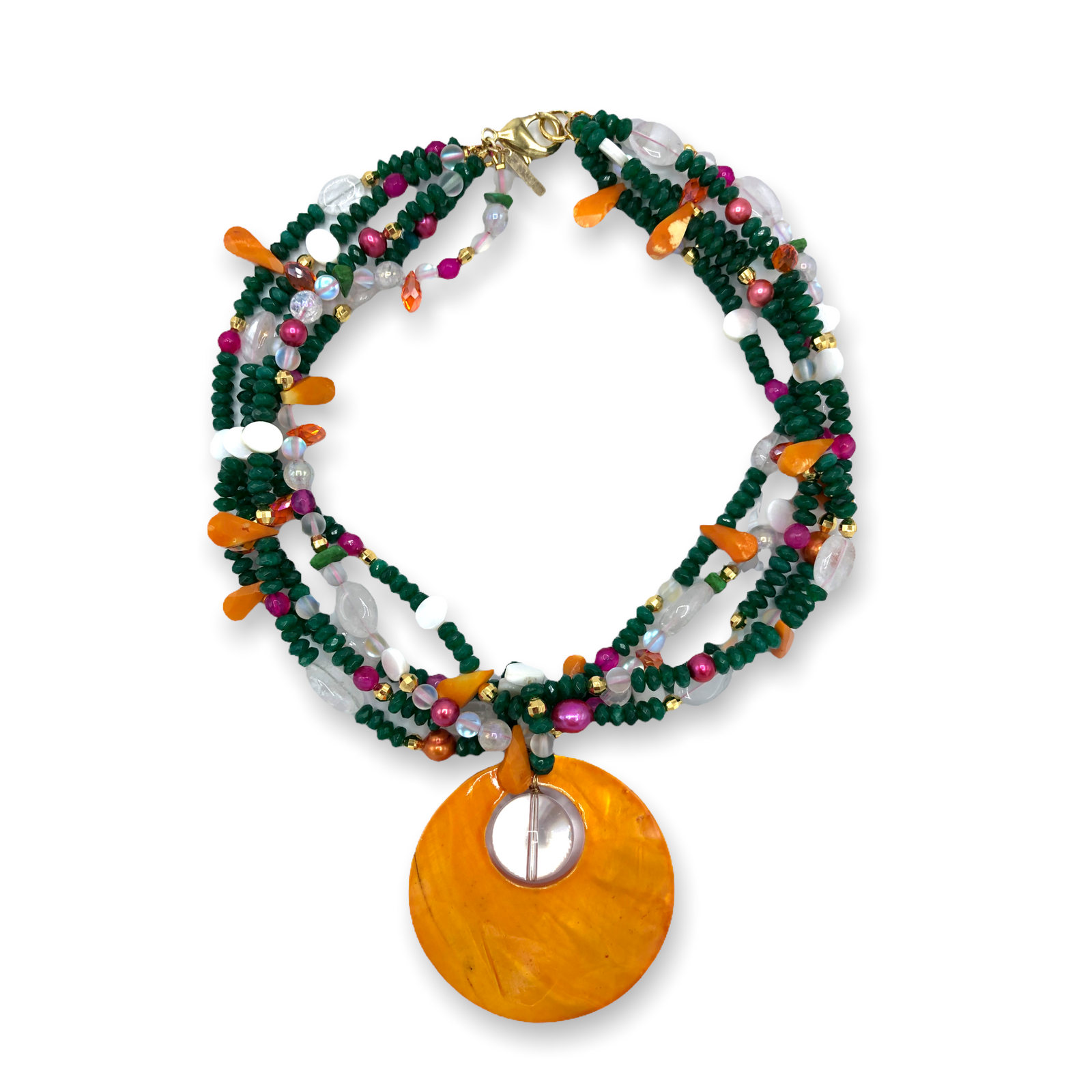 The Molly Layered Necklace by JAREDJAMIN Jewelry Online features green braided cord, vibrant orange, pink, white, and clear quartz beads, plus a round agate pendant with a center hole and gold clasp. Shown on a white background.