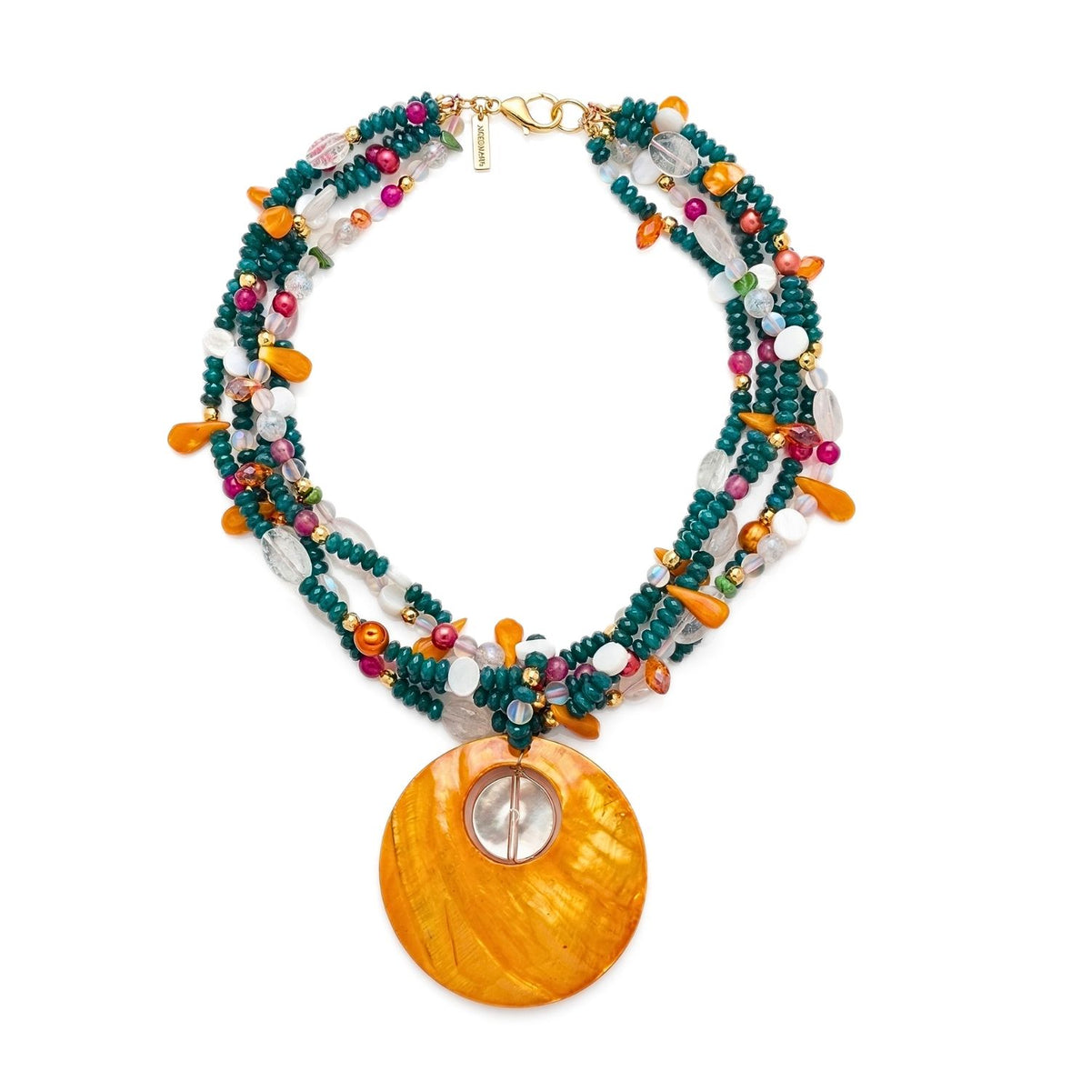JAREDJAMIN Molly Layered ネックレス: A vibrant 21-inch multi-strand ネックレス 特徴とする teal agate, ピンク クォーツ,とfreshwater パール 付きの large orange mother-of-パール focal ペンダント.