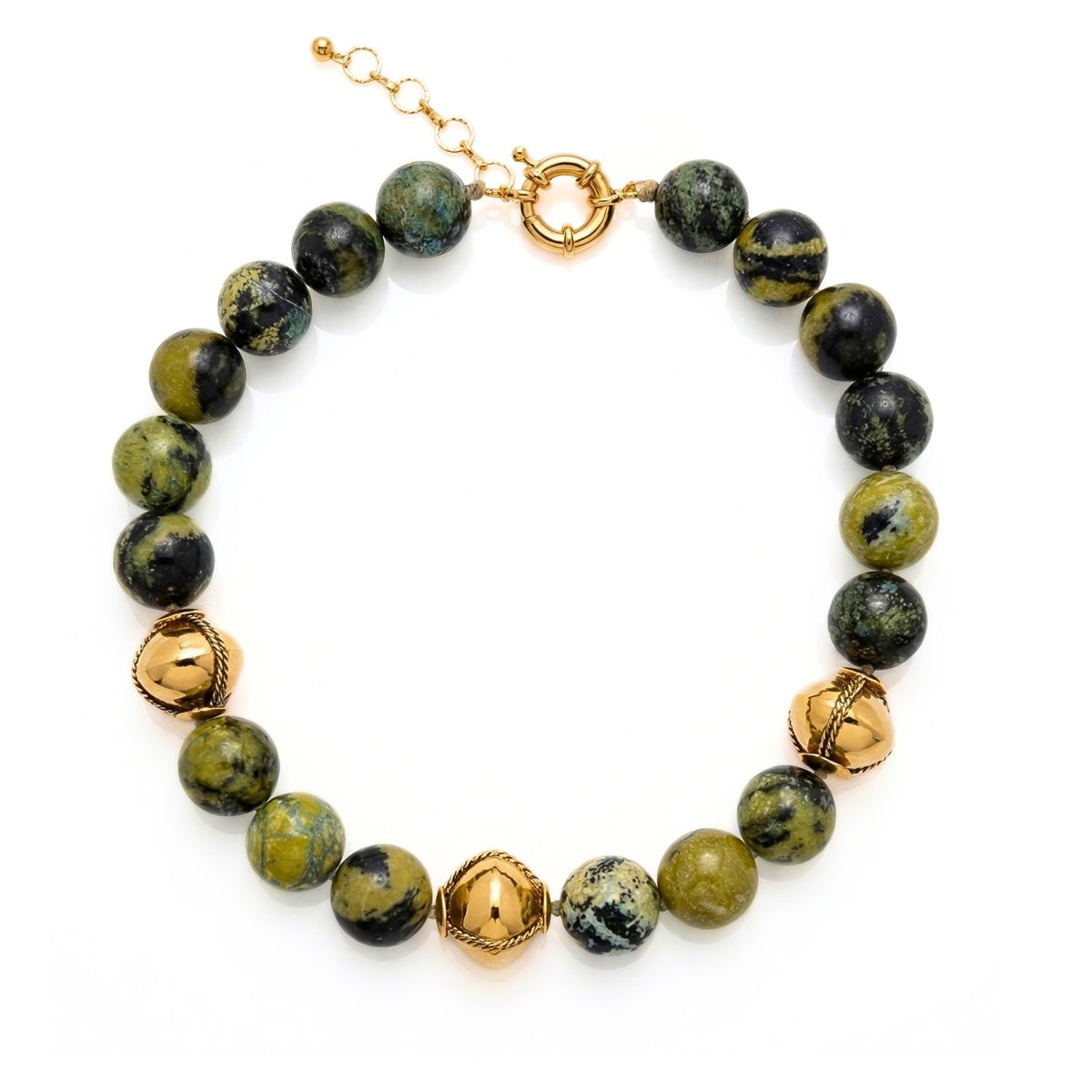 The Moss Maiden Necklace by JAREDJAMIN features round green and black marbled stones, three 18K gold-plated beads, a hand-knotted design, and adjustable gold clasp. Artisanal small-batch/West Hollywood, low-carbon luxury, signature brushed texture.