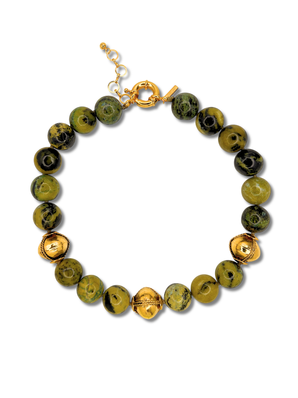 The Moss Maiden Necklace by JAREDJAMIN Jewelry Online features hand-knotted green moss agate and black marbled stones, accented with glossy gold beads. A spring ring clasp with an adjustable chain and a gold charm completes this elegant blend of natural and metallic elements.