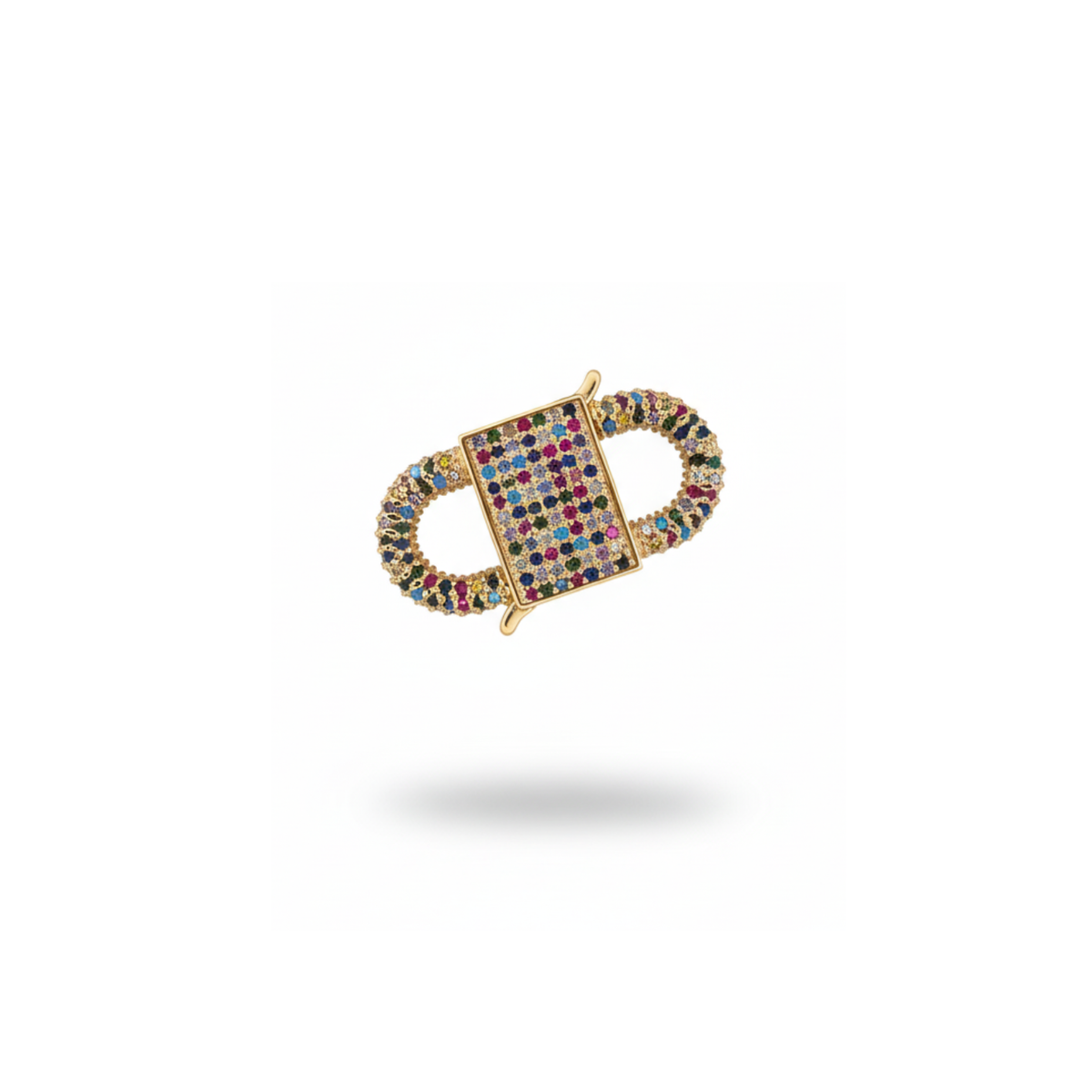 Hand-assembled in our West Hollywood studio, the Double Clasp Carabiner refracts light across its grid of multicolored Cubic Zirconia set in a sculpted 18k gold form. Crafted in eco-conscious, small batches. Style Note: punctuates both blazers and silk slips.