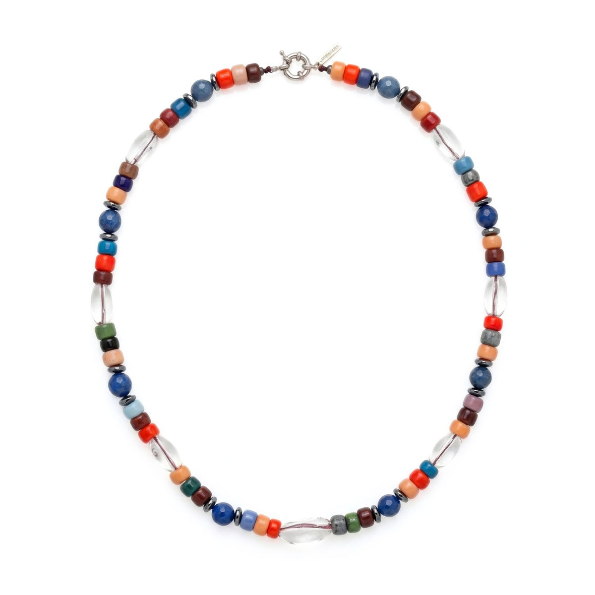 Hand-assembled in our West Hollywood studio, the Nomad Beaded Quartz Necklace refracts light through small-batch, multicolored glass beads. Cylindrical and round forms punctuate each link. Style Note: transitions fluidly from tailored shirts to evening silk.