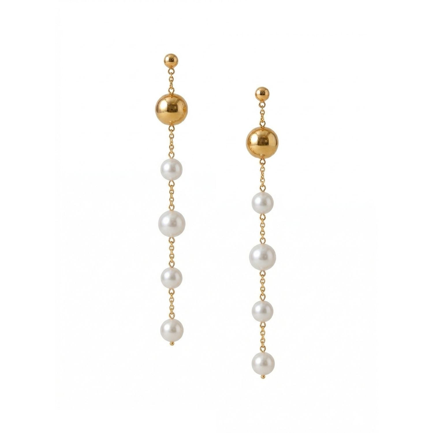 The Nora Dangle Pearl Earrings by JAREDJAMIN Jewelry Online feature a gold stud and a delicate chain with four evenly spaced white pearls on each earring, shown against a plain white background.