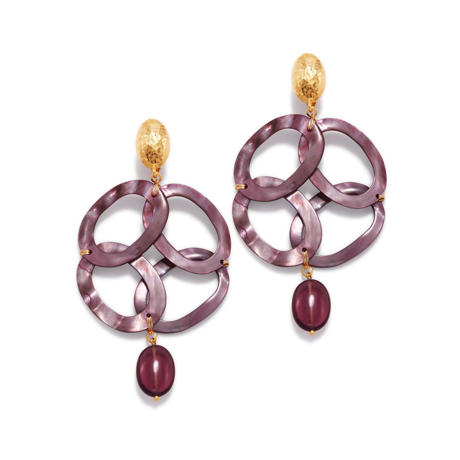 The Oriental Legend Clip On Earrings by JAREDJAMIN Jewelry Online feature hammered 18K gold plated studs, three interlocking purple resin ovals, and a dangling round bead for a bold, elegant look.