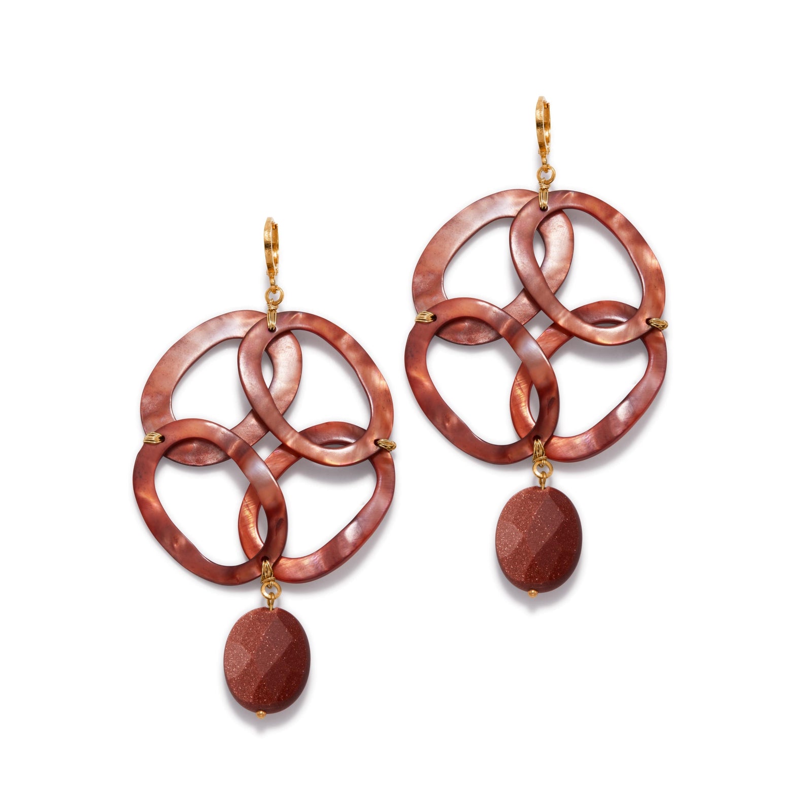 The Oriental Legend Lever Back Earrings by JAREDJAMIN Jewelry Online feature interlocking marbled reddish-brown oval loops with gold connectors and a matching dangling stone, plated in 18K gold for an elegant finish.