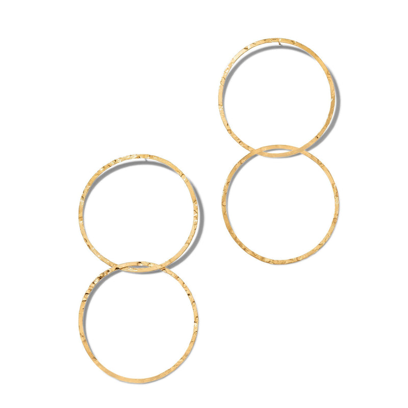 High-resolution studio product shot of the JAREDJAMIN Gold Raquel Dangle Hoop Post Earrings displayed flat on a white background, highlighting the 4.5-inch interlocking double hoop design and textured 18k gold-plated finish.