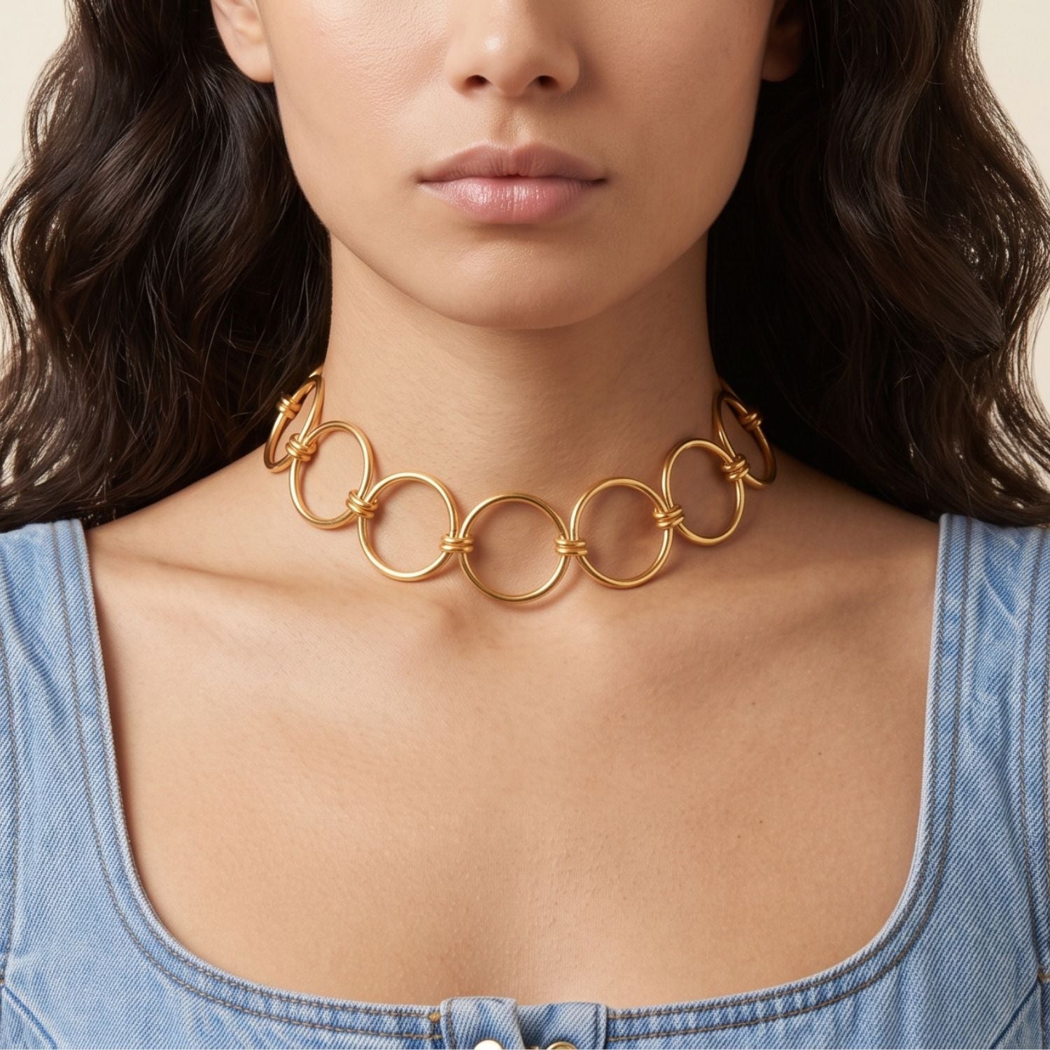 High-resolution studio product shot of the JAREDJAMIN Olympia 18k Gold Ring Choker displayed flat in a circle on a white background, highlighting the large circular rings connected by smaller double links and the lobster clasp extension chain.