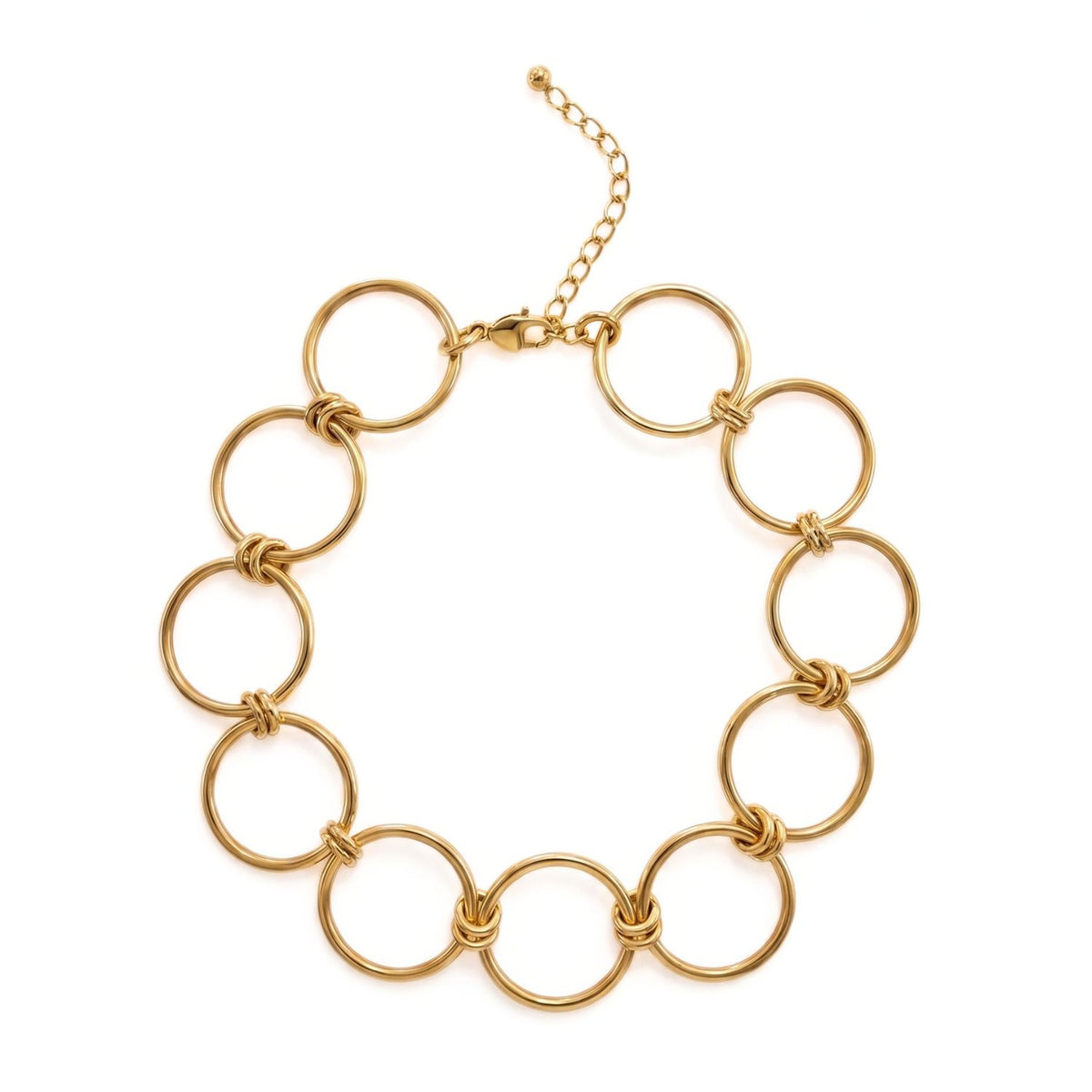 High-resolution studio product shot of the JAREDJAMIN Olympia 18k Gold Ring Choker displayed flat in a circle on a white background, highlighting the large circular rings connected by smaller double links and the lobster clasp extension chain.