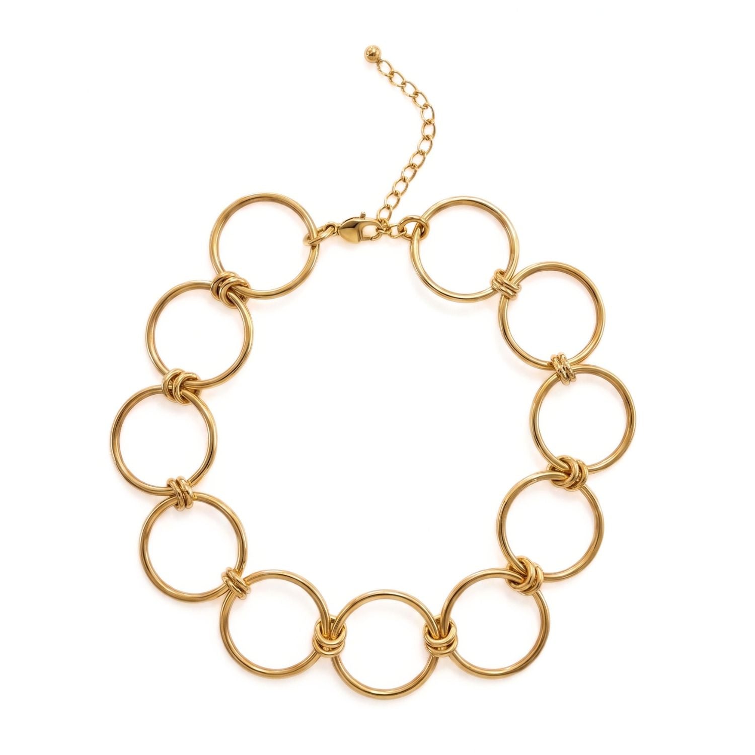 High-resolution studio product shot of the JAREDJAMIN Olympia 18k Gold Ring Choker displayed flat in a circle on a white background, highlighting the large circular rings connected by smaller double links and the lobster clasp extension chain.