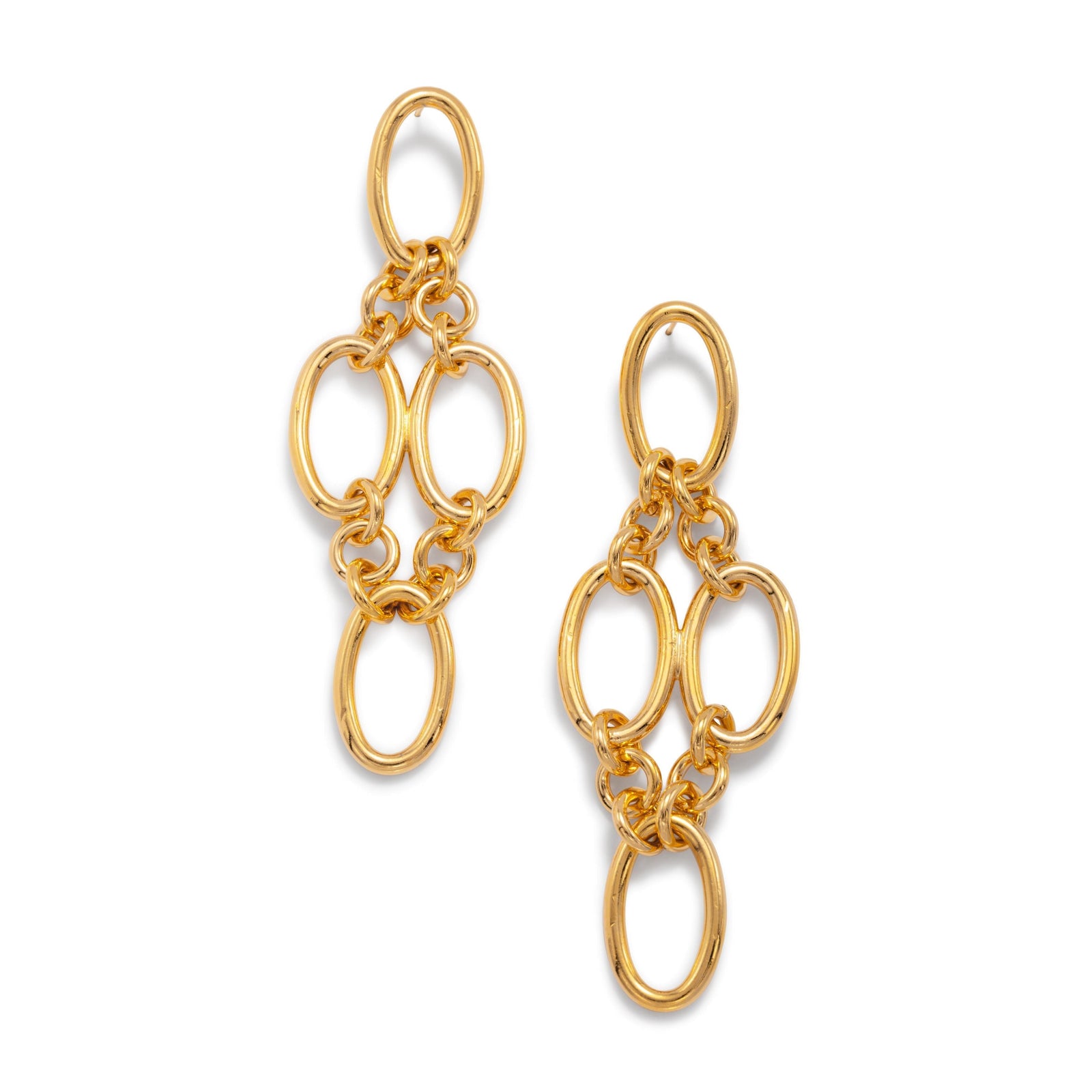The Gold Ophelia Drop Post Earrings by JAREDJAMIN Jewelry Online feature five interlinked oval 18K gold plated loops in a chic, mountain-inspired geometric design, elegantly displayed on a white background.