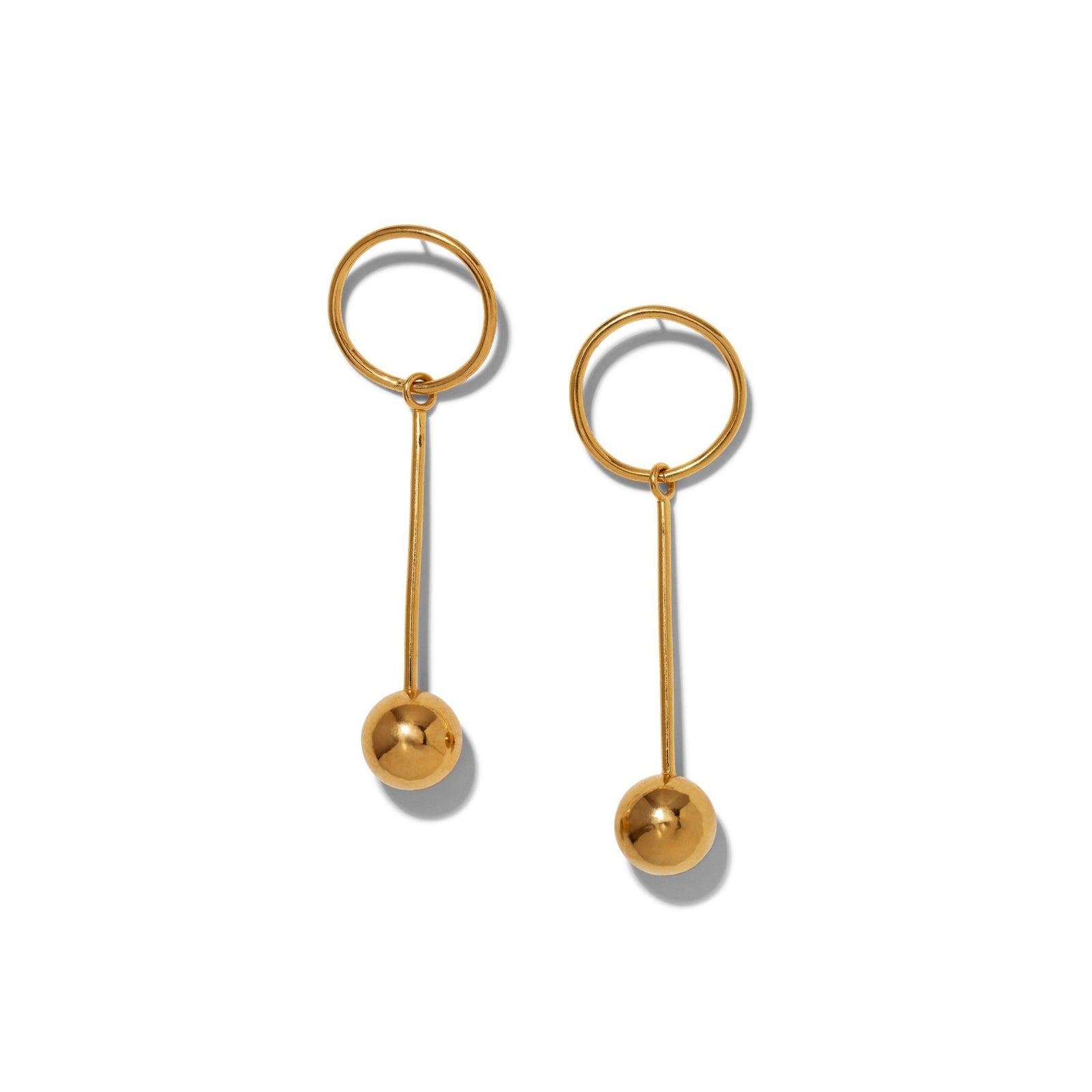 The Orbita Pendulum Gold Post Earrings by JAREDJAMIN Jewelry Online feature minimalist hoops with vertical bars and gold spheres, crafted in 18K gold over brass, displayed against a plain white background.