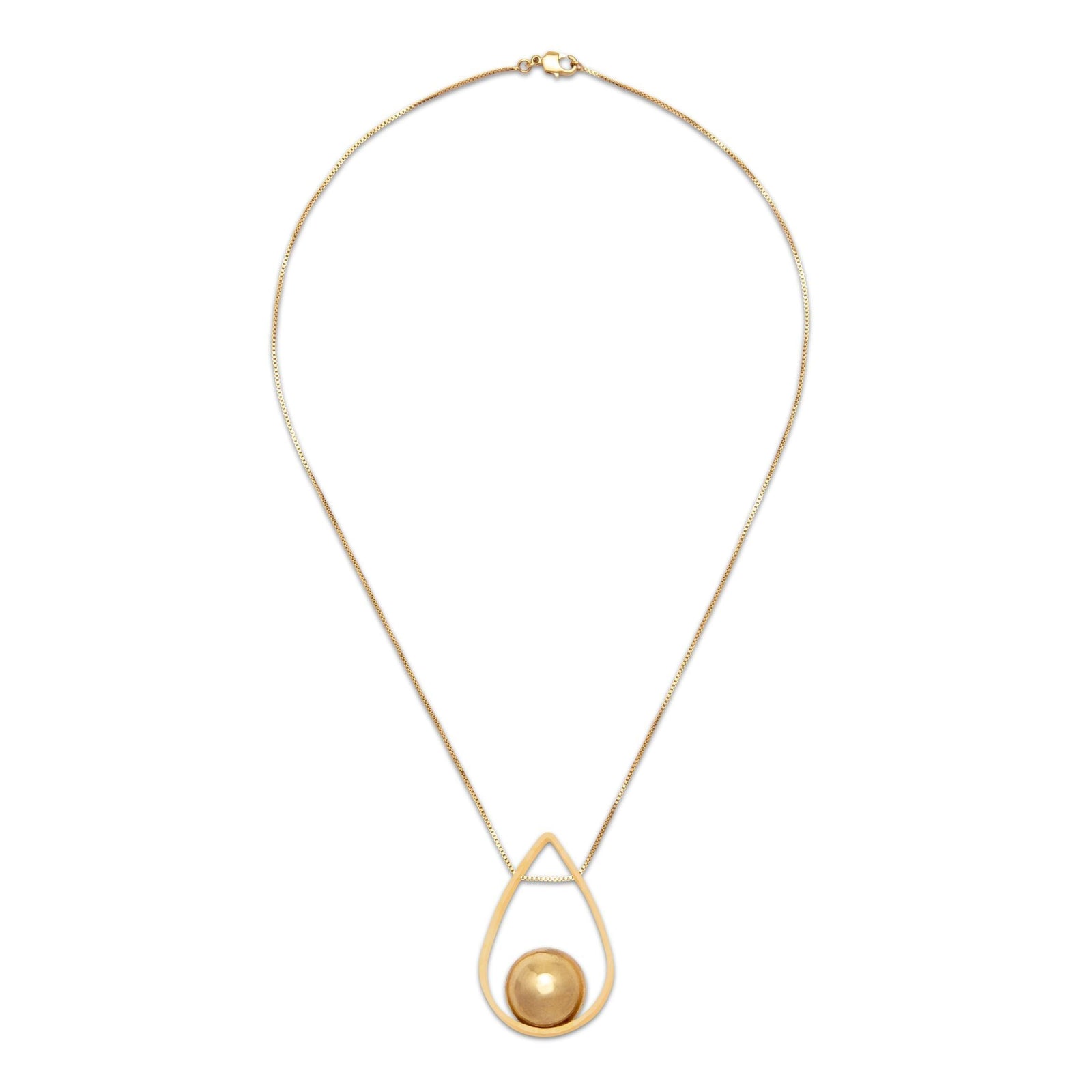 The Orbita Swing Gold Pendant Necklace by JAREDJAMIN Jewelry Online features a fine snake link chain and a teardrop-shaped 18K gold plated pendant with a smooth, round bead, shown on a plain white background.