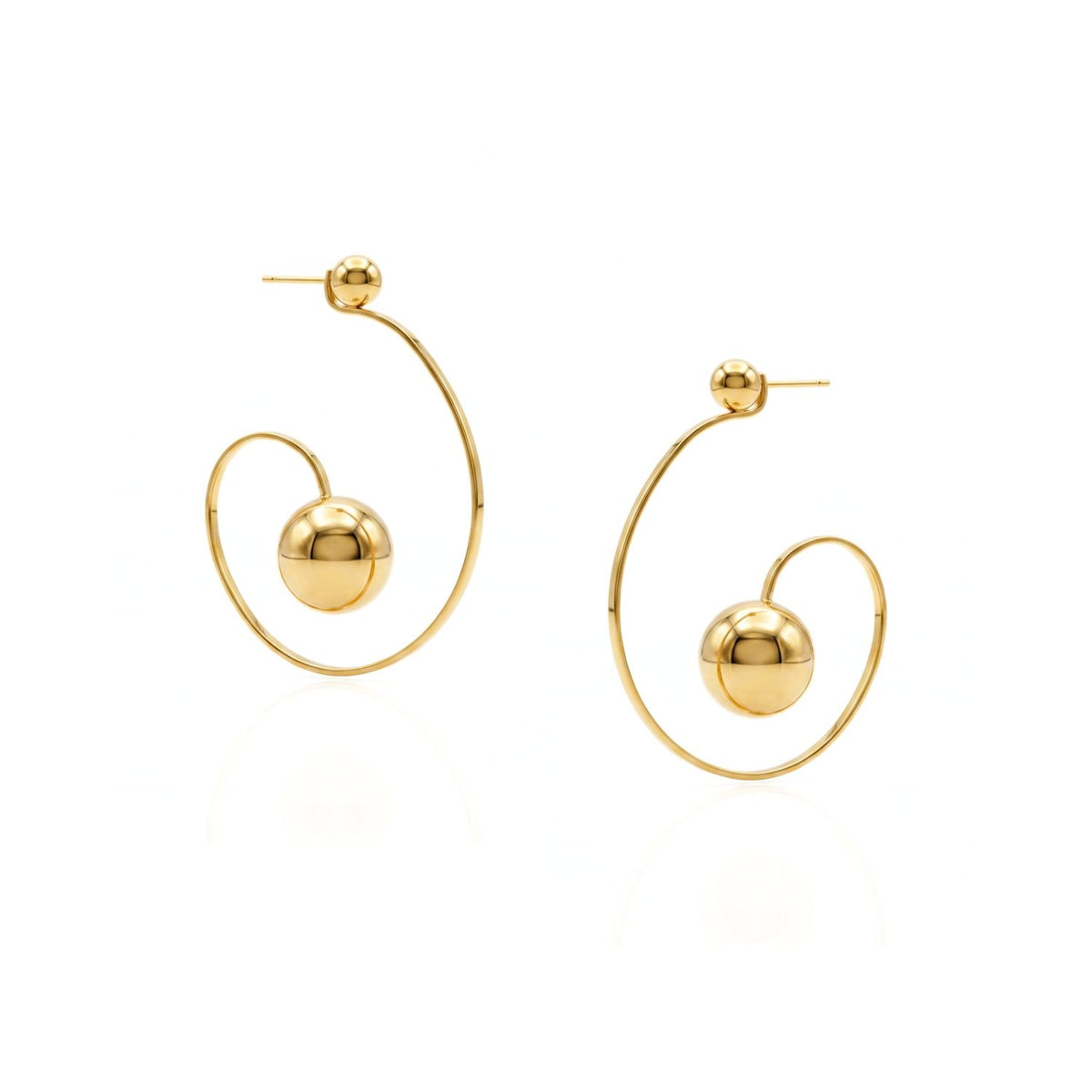 High-resolution studio product shot of the JAREDJAMIN Orbita Swirl Hoop Post Earrings displayed on a white background, highlighting the high-polish 18k gold-plated open spiral design and the dual floating sphere accents.