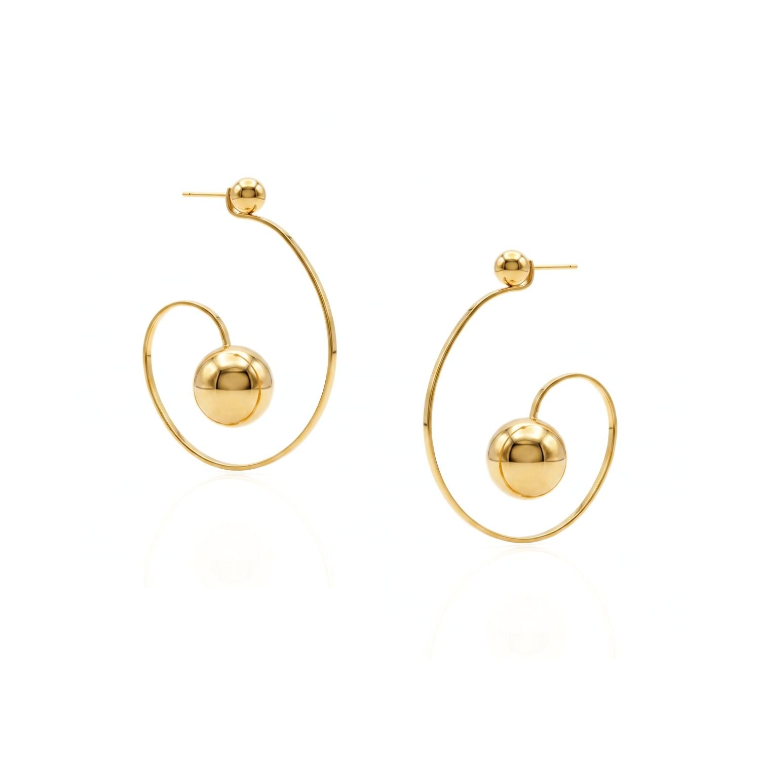 High-resolution studio product shot of the JAREDJAMIN Orbita Swirl Hoop Post Earrings displayed on a white background, highlighting the high-polish 18k gold-plated open spiral design and the dual floating sphere accents.