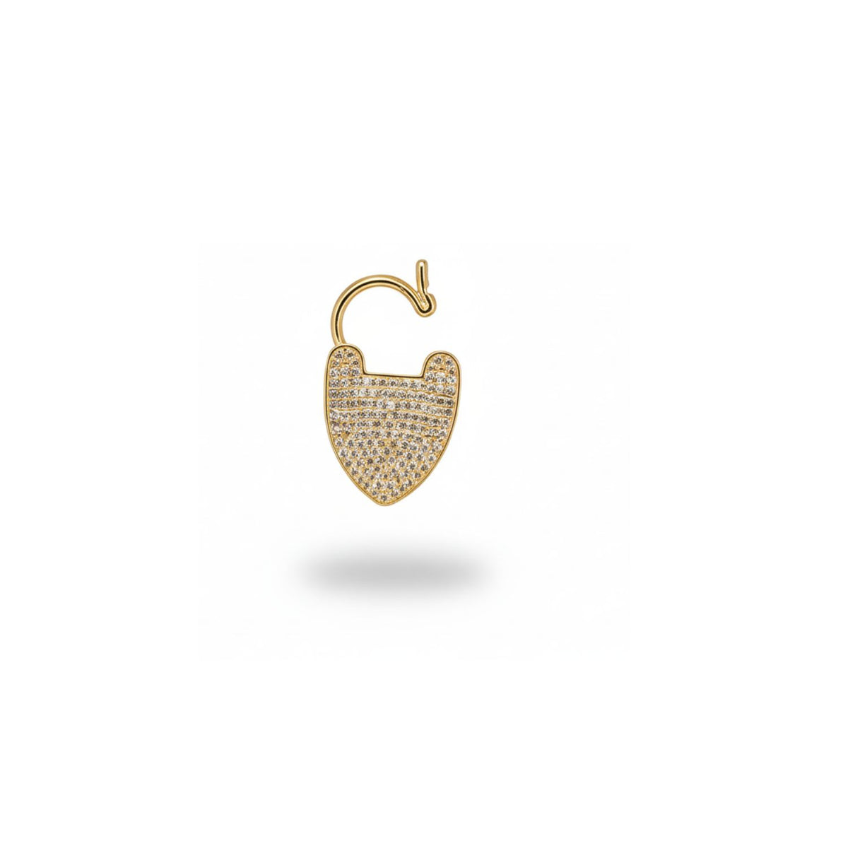 Hand-assembled in our West Hollywood studio, the Gold Pavé Padlock Clasp punctuates a plain white backdrop—a sweep of diamonds refracts light from its open shackle. Crafted in small batches with eco-conscious care. Style Note: layers seamlessly, boardroom to soirée.