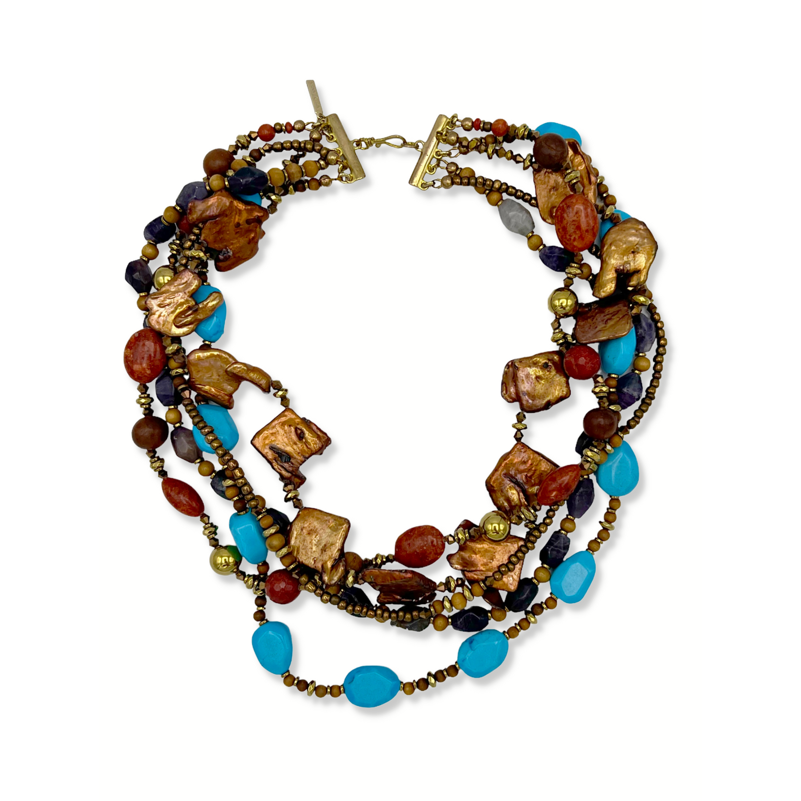 The Passionate Sedona Necklace by JAREDJAMIN Jewelry Online showcases multi-strands of Chalk Turquoise, red, brown, gold, and deep blue beads in various shapes with gold clasps and Tree Coral accents.