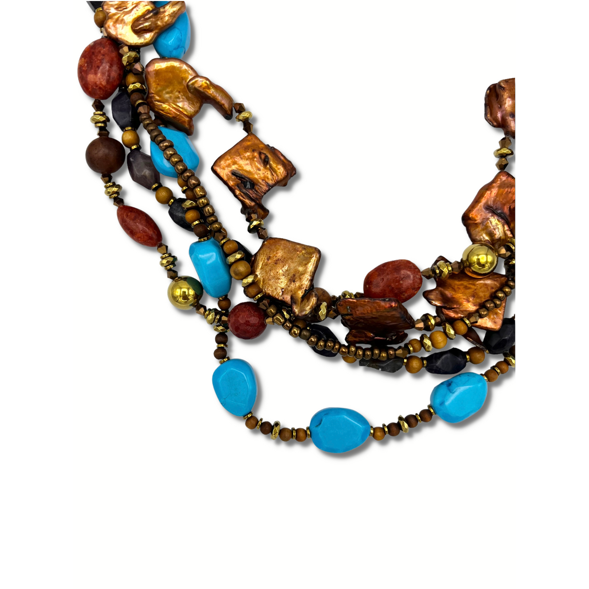 Passionate Sedona ネックレス JAREDJAMIN製 ジュエリーオンライン 特徴とする チャンキー ゴールド beads, smooth Chalk ターコイズ, small ゴールドとbrown beads,とreddish-brown stones in overlapping strands that display vibrant, earthy tones.