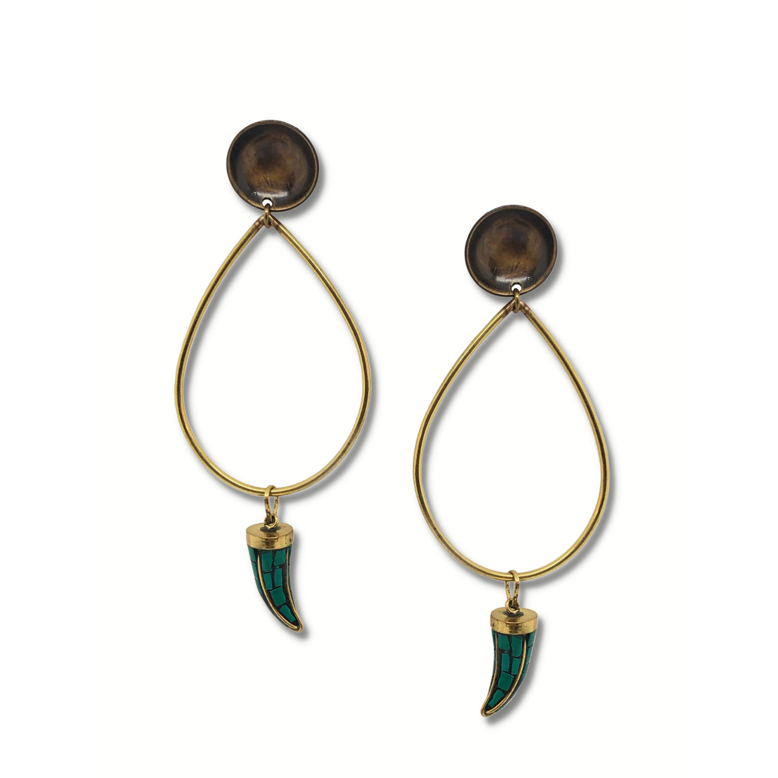 The Patina Bow Horn Patina Earrings by JAREDJAMIN Jewelry Online feature gold teardrop hoops on antique brass studs, each adorned with a turquoise tusk charm accented in gold and finished with detailed mosaic work.
