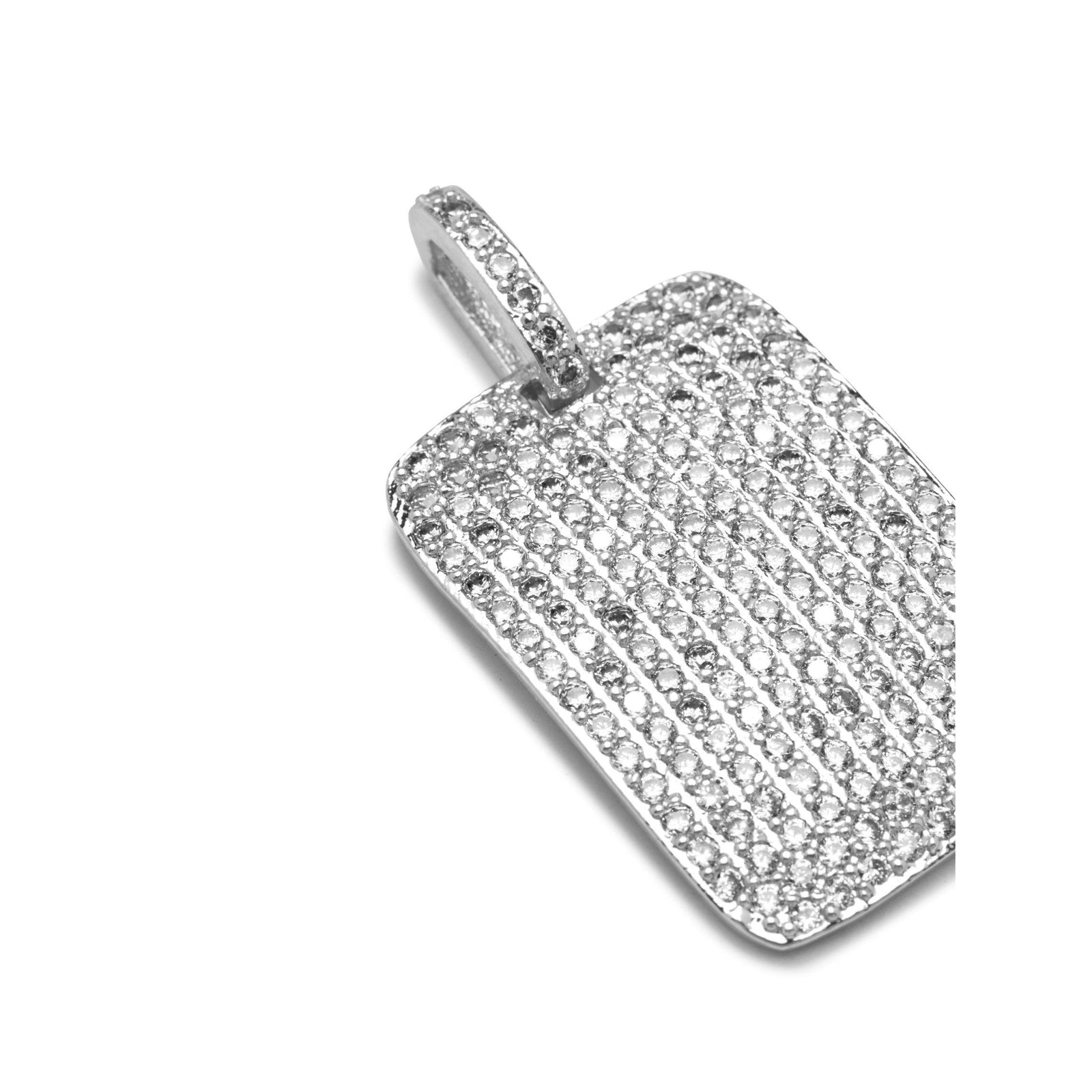 The Silver Pavé Dog Tag Necklace Pendant Charm from JAREDJAMIN Jewelry Online features a rectangular design with rounded edges, fully encrusted with sparkling cubic zirconia and a diamond-studded bail for an elegant, luxurious look.