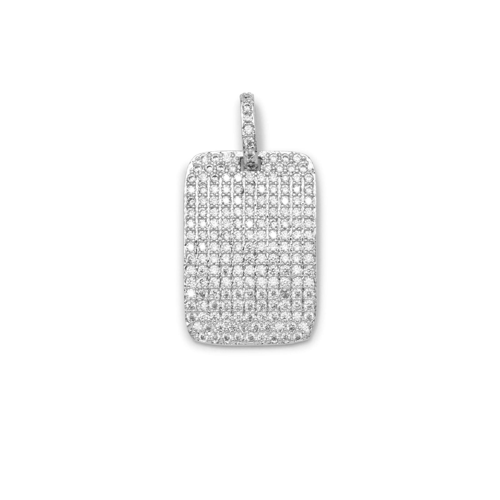 The Silver Pavé Dog Tag Necklace Pendant Charm from JAREDJAMIN Jewelry Online features a rectangular design with rounded edges, fully encrusted with sparkling cubic zirconia and a diamond-studded bail for an elegant, luxurious look.