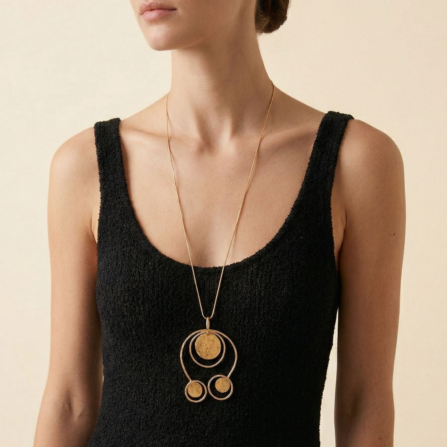 JAREDJAMIN Peacock POW Gold Chain Necklace: Unique hand-hammered 4-inch abstract pendant on a 32-inch chain, 18k Gold Plate.