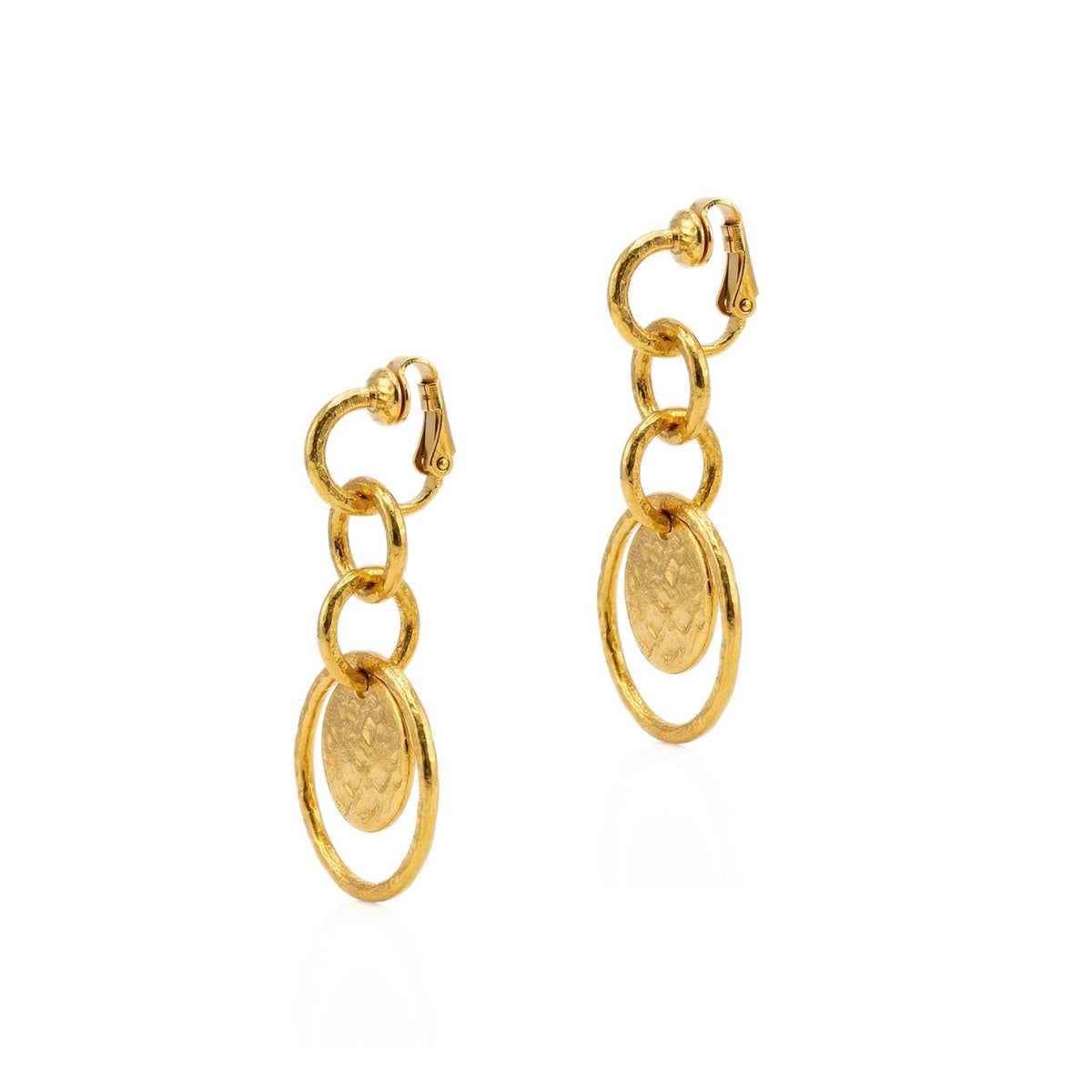 The Peacock Preen Clip-On Earrings feature 18K gold-plated interlocking rings and hand-textured charms with a signature brushed finish. Crafted in small batches in West Hollywood, these earrings embody JAREDJAMIN Essential artisanal and sustainable luxury.