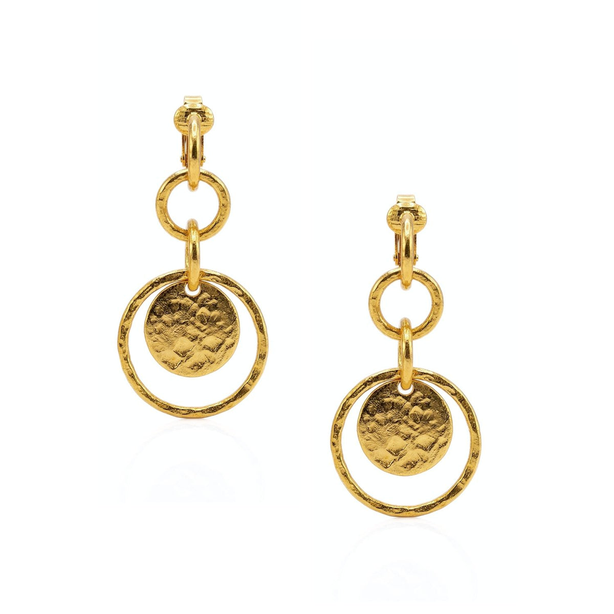 18K gold-plated clip-on earrings with two interlinked rings and a hand-textured, hammered disc, polished finish. JAREDJAMIN Essential: Artisanal Craftsmanship Small-batch, West Hollywood, Sustainable Luxury, Signature Texture. Shown on white.